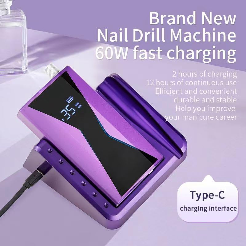 Ultra-Low Noise Brushless 40000RPM Electric Nail Drill Machine 85W Rechargeable Cordless Professional Home/Salon Nail Drill Machine