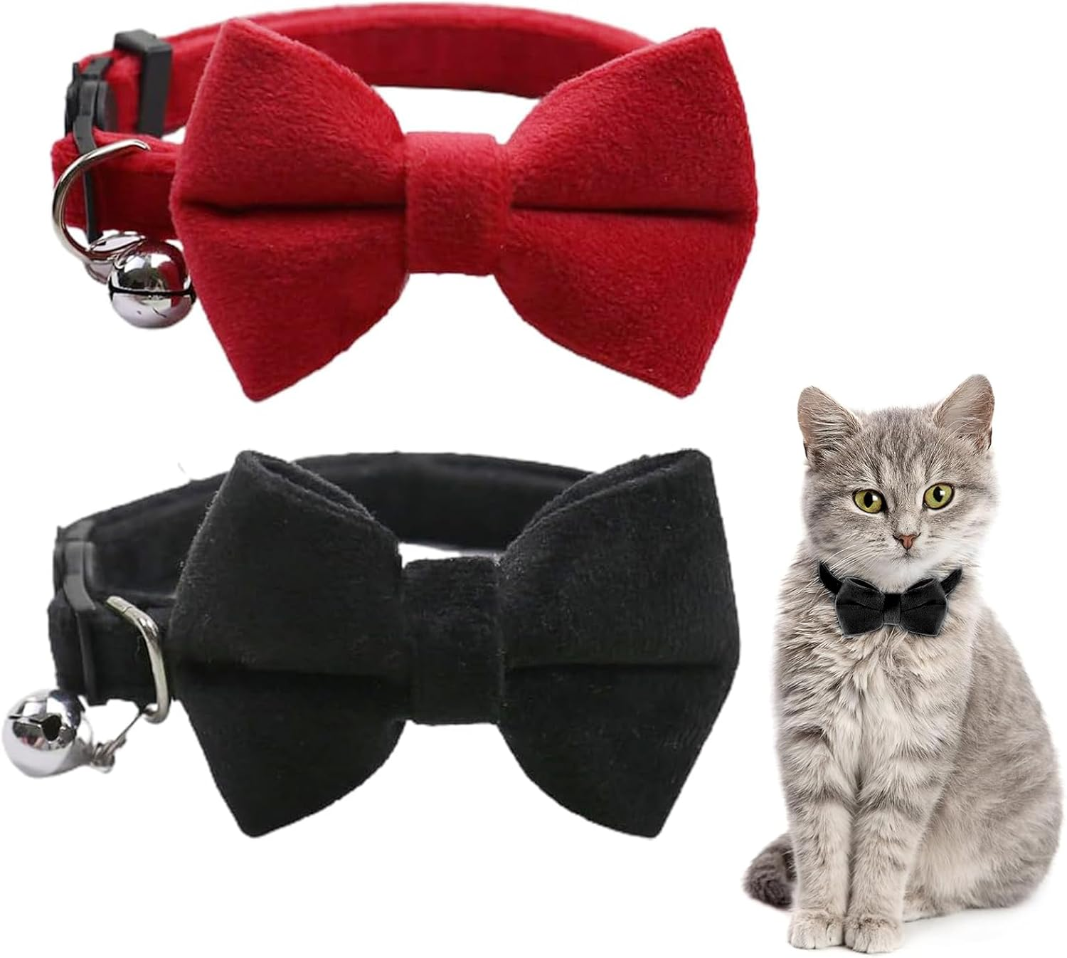 RTRTGS Pack of 2 Velvet Cat Collar with Bell and Bow Tie Adjustable for Small Puppies Safety Bow Tie Plain for Weddings Basic Colour Cat Bow Tie image number 5