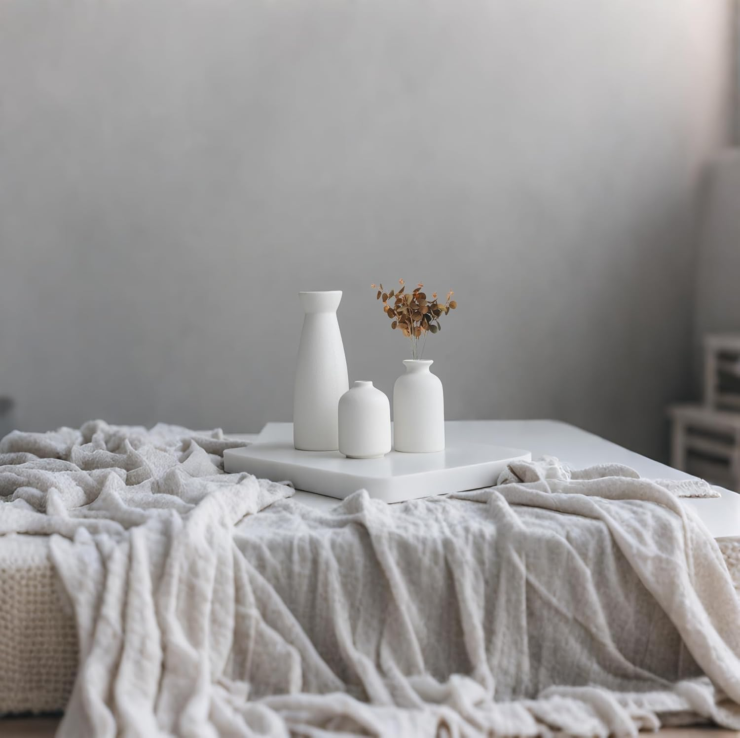 Ceramic Vase Set of 3, Beige Ceramic Vase Set, Modern Bohemian Farmhouse Home Decor, Vases for Living Room, Dining Room, Bedroom, Kitchen, Bathroom, Office, Entryway (Beige) image number 6