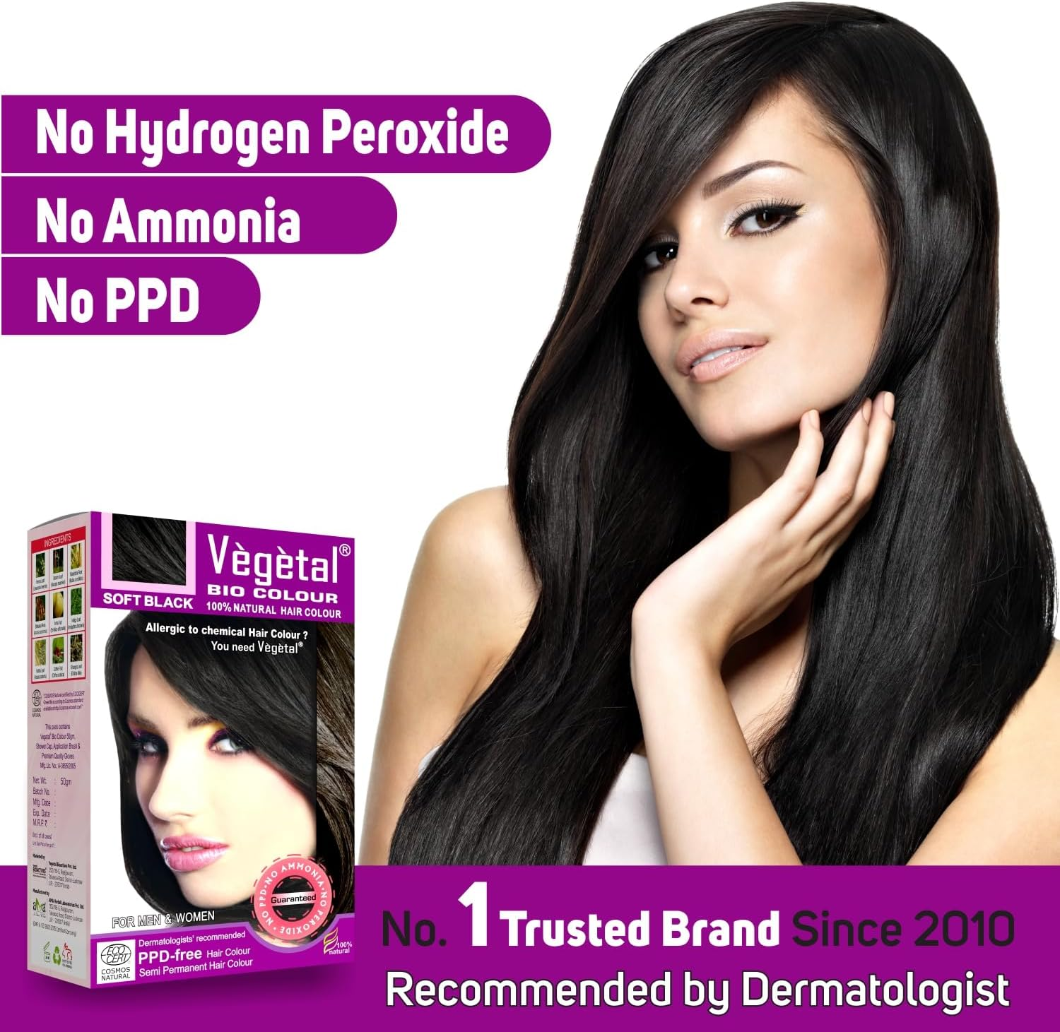 Vegetal Bio Hair Colour - Soft Black 50 G Achieve Natural, Ammonia-Free Hair Color Ppd-Free, 100% Herbal Certified Organic for Men and Women UV Protection and Luster Maintenance Complete Kit image number 3