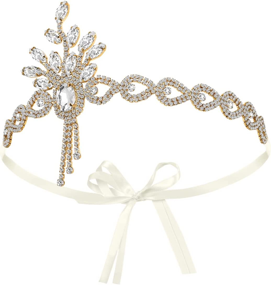 Minkissy 1920S Flapper Accessories Bridal Crystal Headband Headpiece for Party Accessories (Golden) image number 6