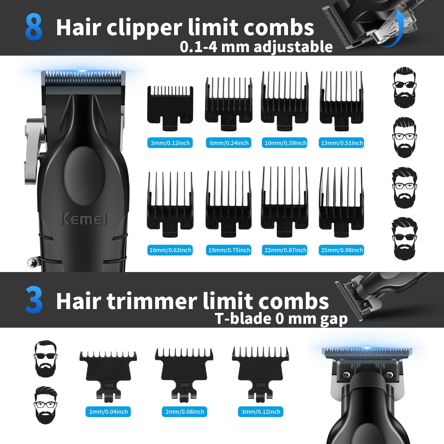 KEMEI Professional Hair Clippers for Men, Cordless Complete Hairdressing Trimmer T-Blade Trimmer Foil Shaver Set, Electric Hair Cutting Full Kit with 11 Guide Combs image number 5