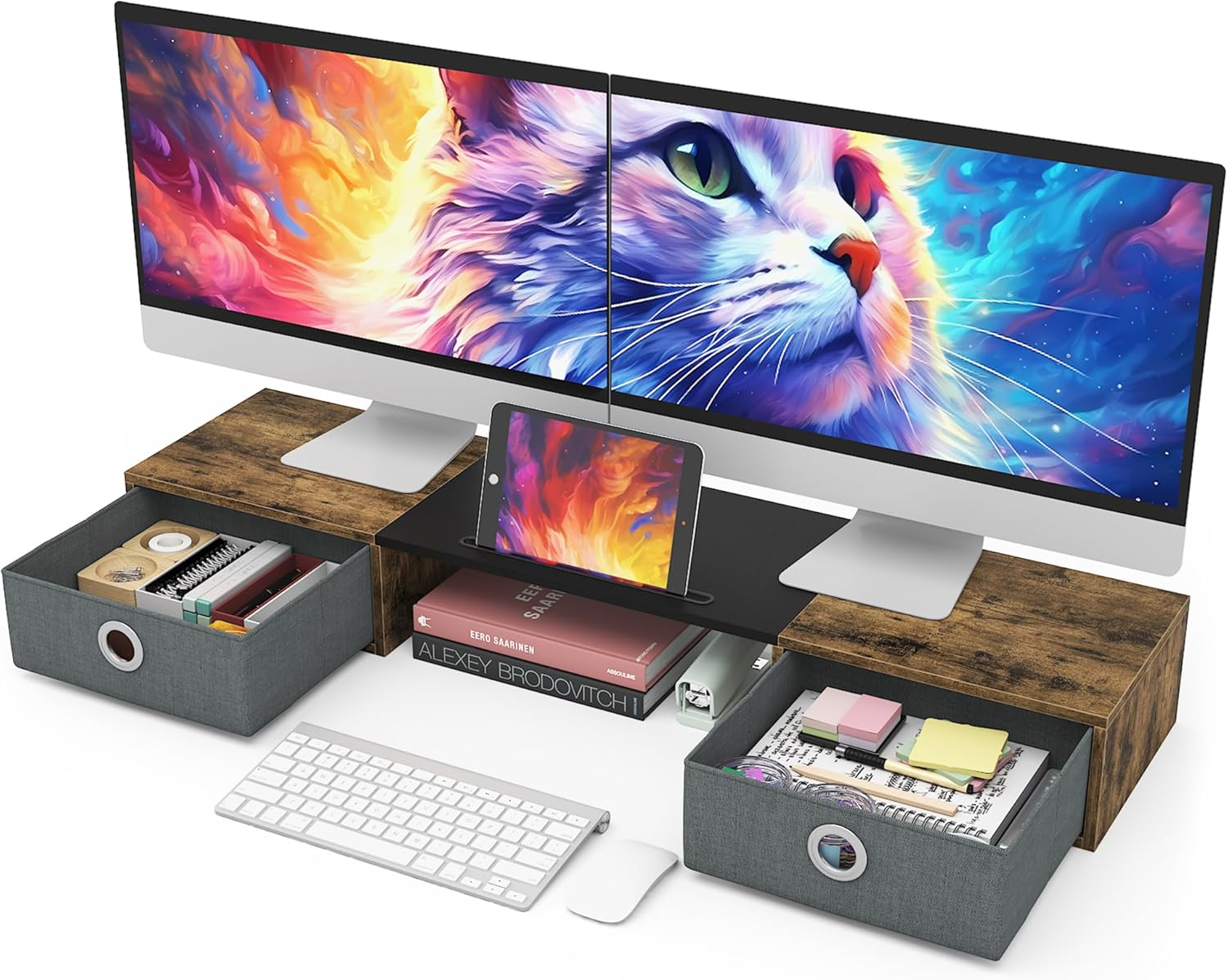 WESTREE Dual Monitor Stand Riser with Two Drawers, Extra Large Storage for 2 Monitors, Ergonomic Design, Wooden Finish