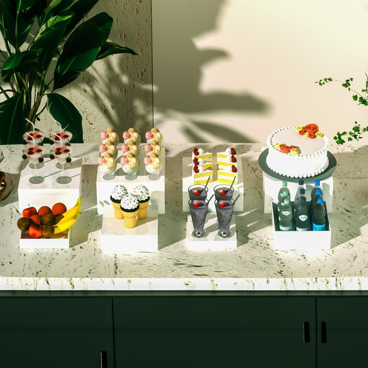 2 Sets of 3 Steps Acrylic Display Risers, 5-Sided Acrylic Riser with Hollow Bottoms,Perfect for Weddings,Cupcake Candy Food,Parties,Brunch (Square-White) image number 5