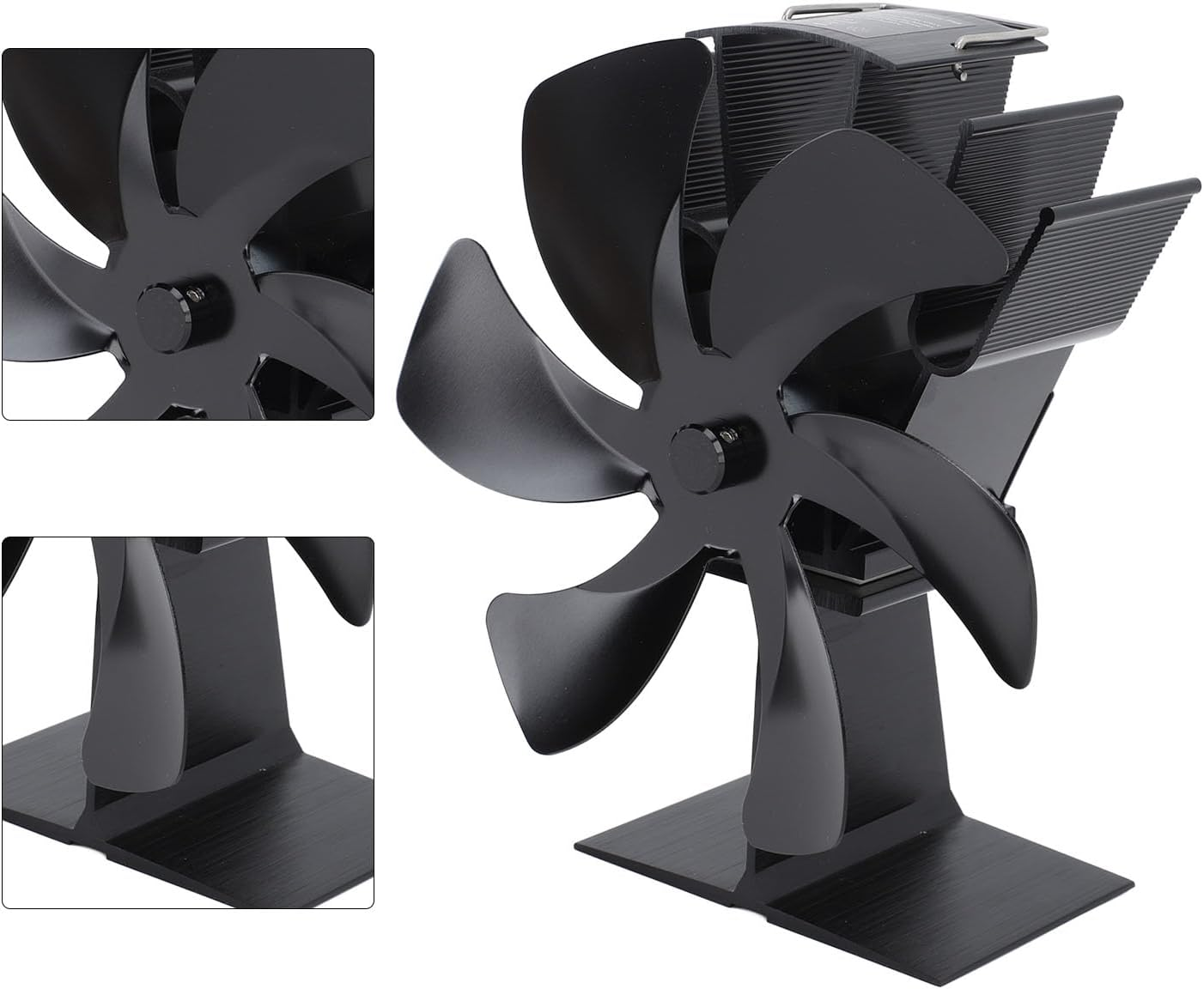 Wood Stove Fan, 6 Blades Fireplace Fan Heat Powered Non Electric, Aluminium Alloy Vertical Thermal Fan for Gas Stove, Wood Burning Stove (Black) - Silver image number 6