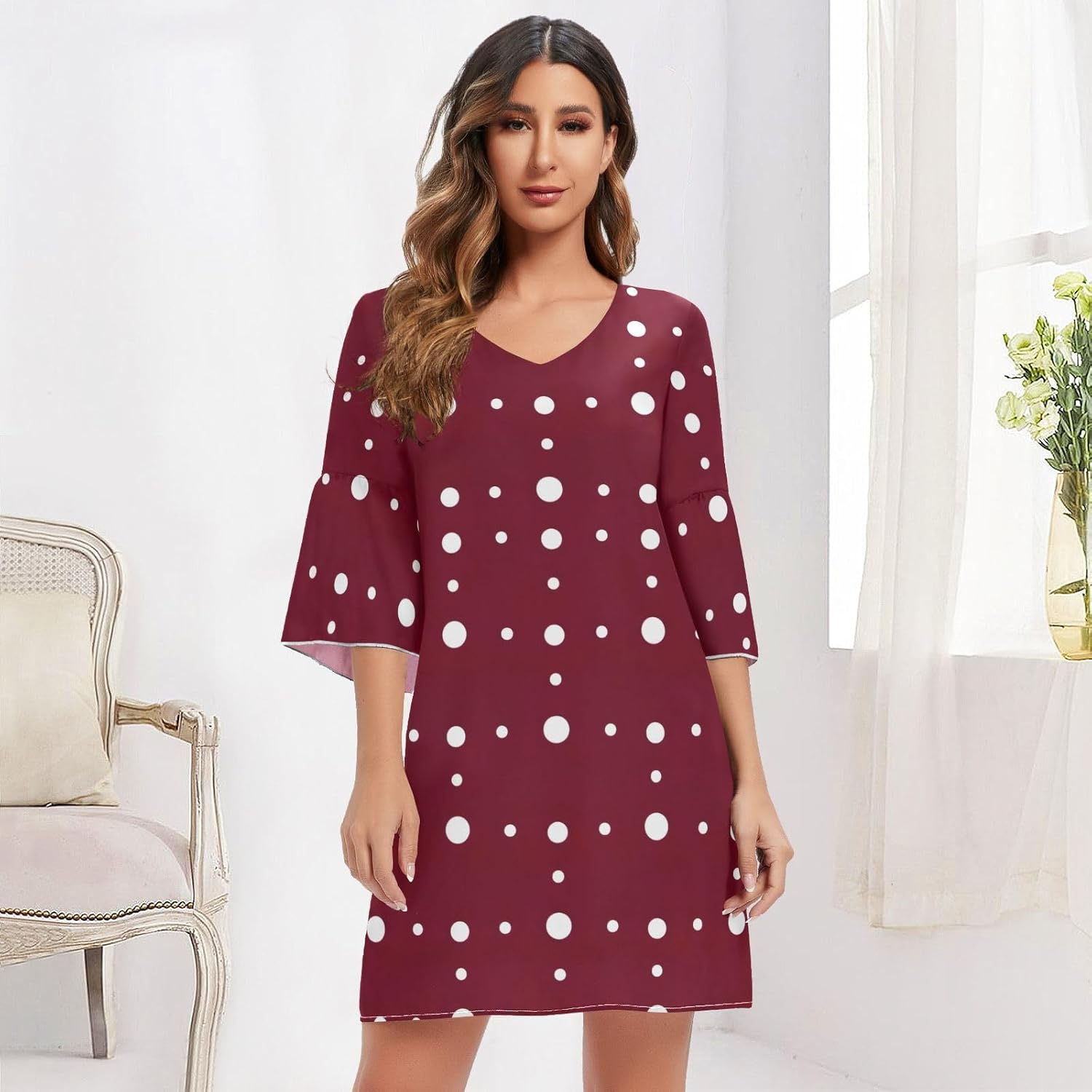 White Polka Dots Dark Red Chiffon V Neck Dress Printed Line Maternity Dress S-XXL image number 3