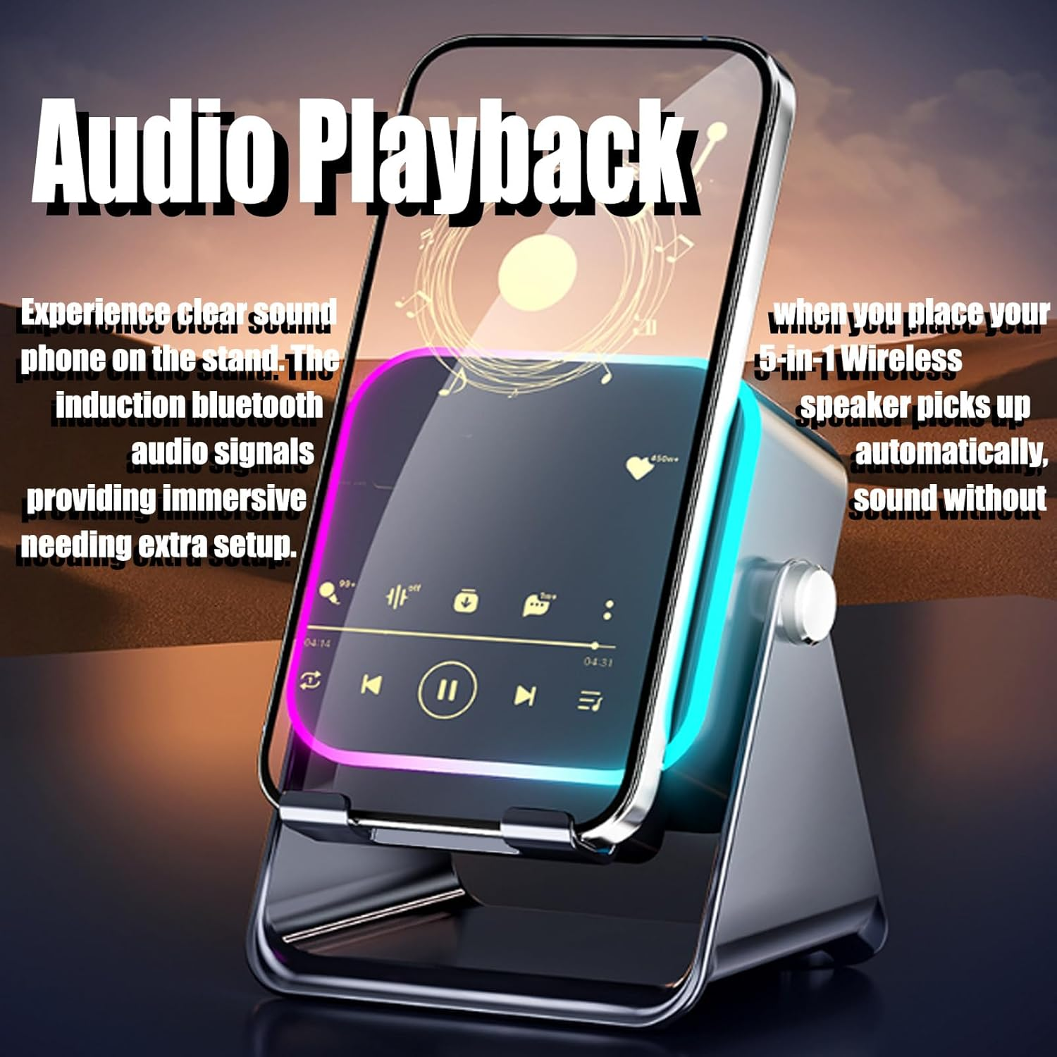 5 in 1 Wireless Induction Bluetooth Speaker, Wireless Induction Speaker with Adjustable Phone Stand, Versatile Audio Stand and Portable Connect Audio Player for Travel Christmas Surprise (Black) - White image number 5