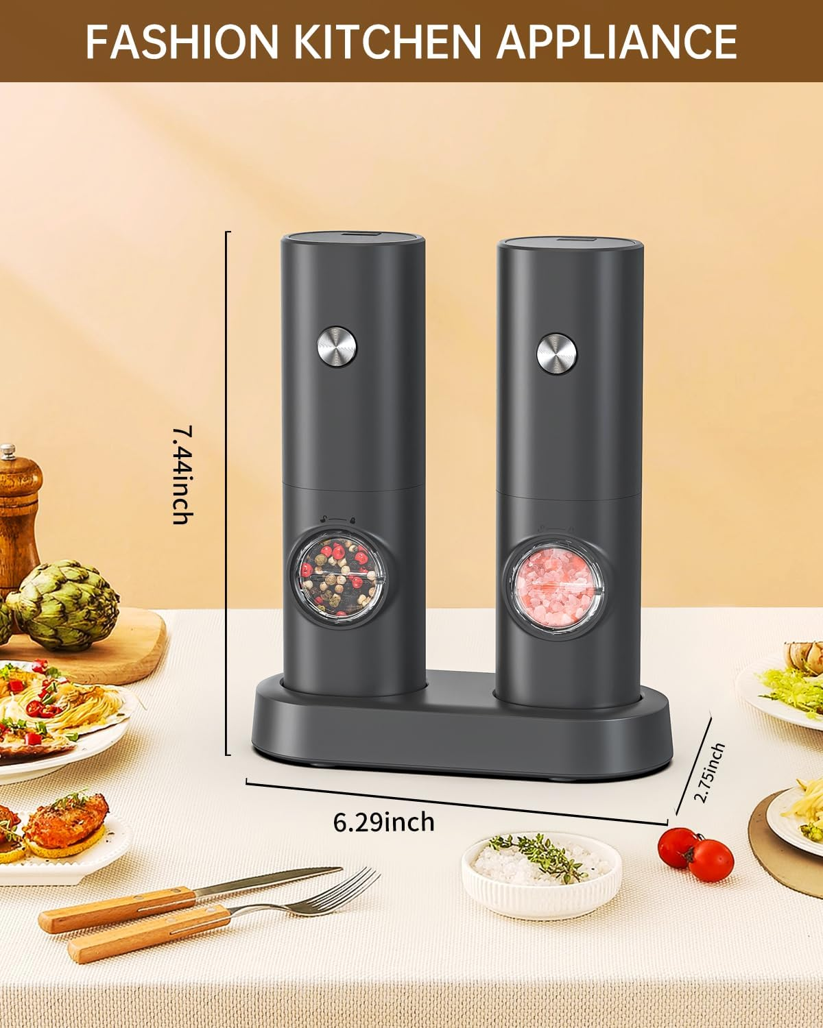 CIRCLE JOY Electric Salt and Pepper Grinder Set Battery Operated Spice Mills with Storage Base, White LED Light and Adjustable Coarseness, Black image number 3