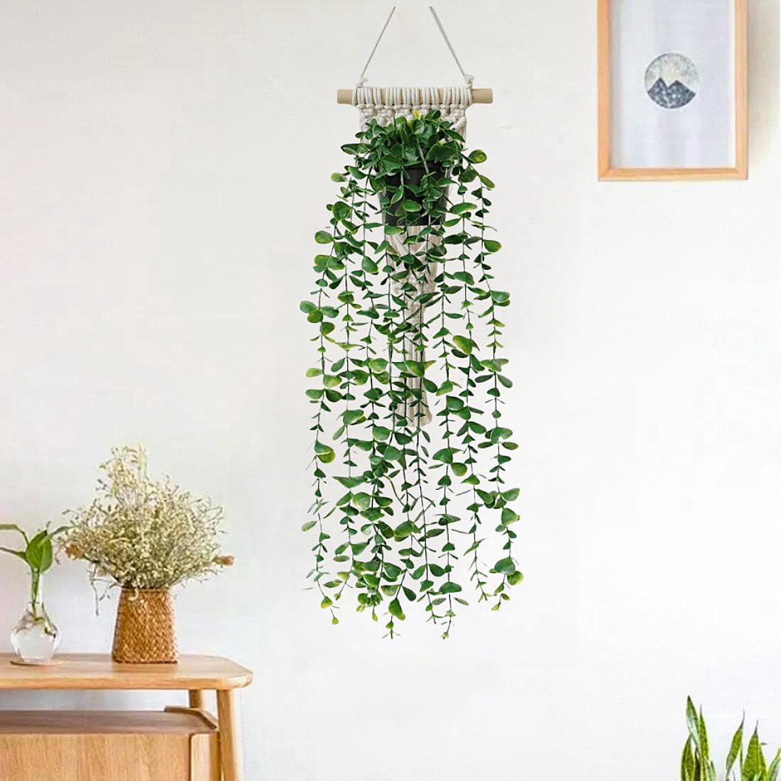 Avoik Artificial Eucalyptus Wall Hanging Decor, Artificial Hanging Greenery Plants, Macrame Plant Hanger with Faux Vines Hanging Planter for Boho Chic Home Office Bedroom Indoor Farmhouse Decor image number 3