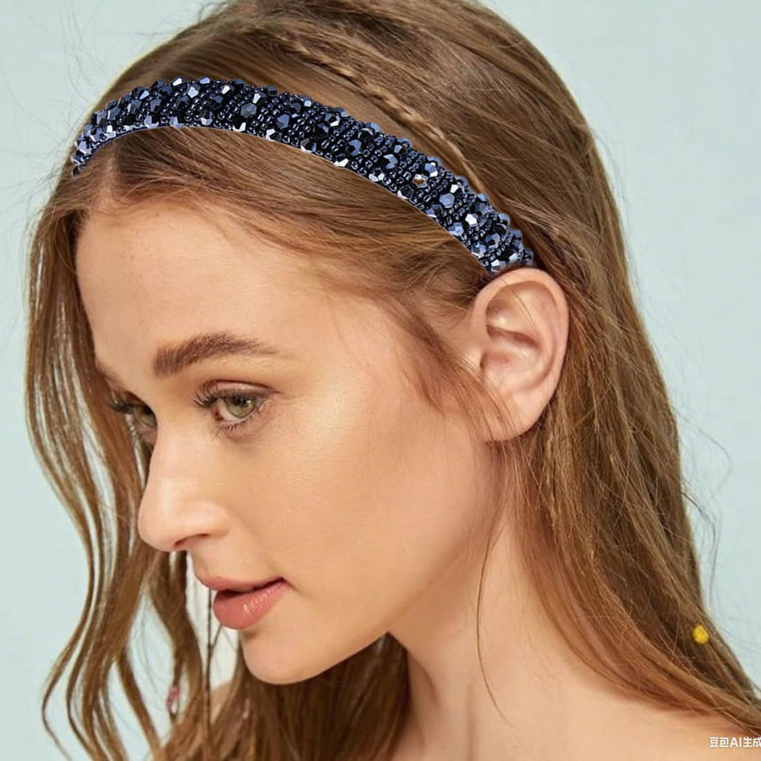 YUZNA Women'S Dirndl Headband Dark Blue Glitter Costume Hair Accessories Beads Headband for Oktoberfest Elegant image number 2