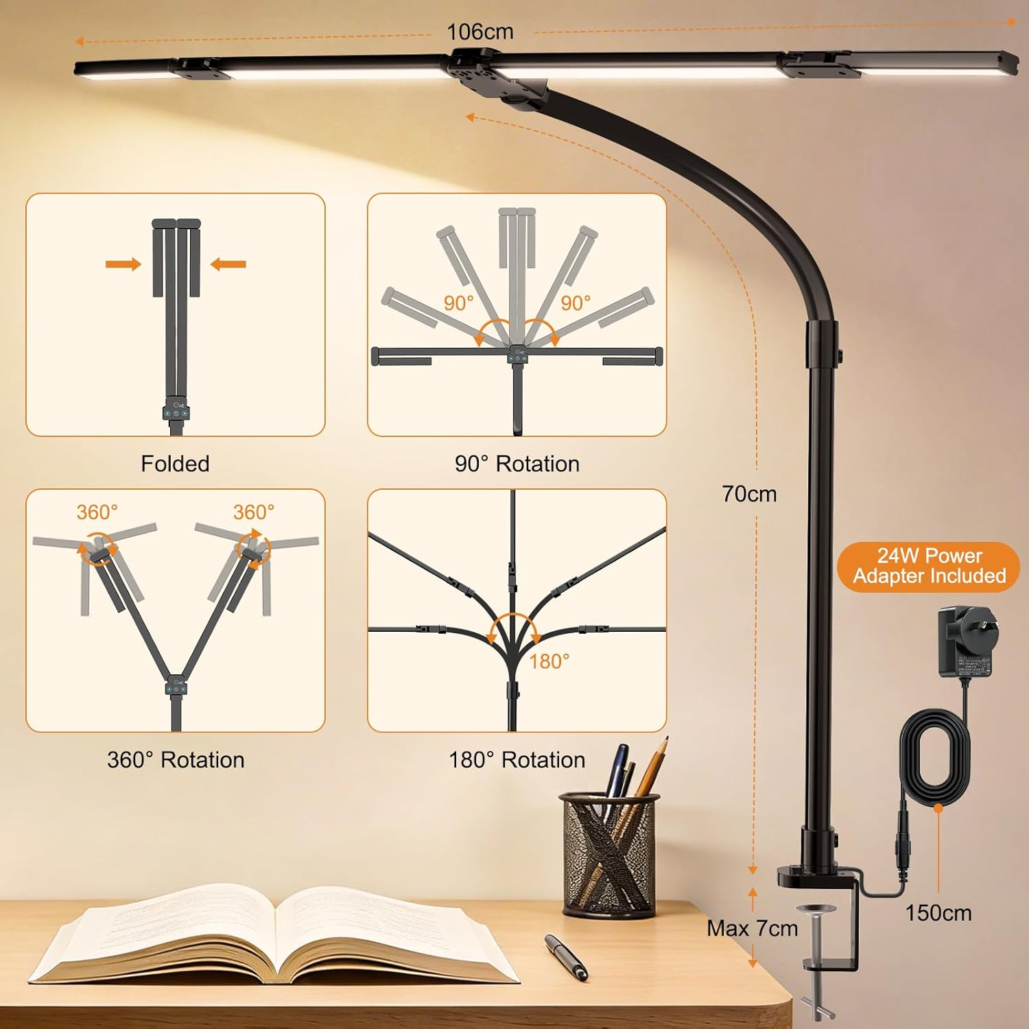 Desk Lamp for Home Office, Extra Width 24W Bright LED Desk Light with Adjustable 4-Segment Bar & Remote, Eye-Caring Gooseneck Architect Desk Lamp with Clamp for Reading Study, Dimmable, Timer image number 4