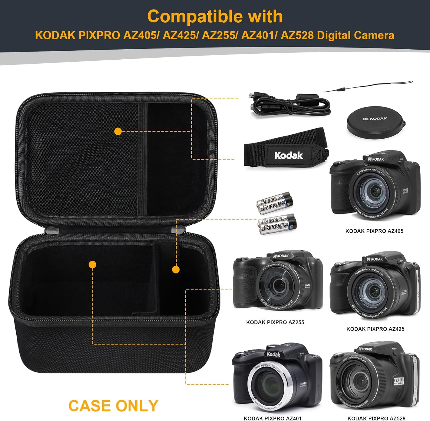 RAIALL Camera Case for Kodak PIXPRO AZ405/AZ425/AZ255/AZ401/AZ528 Digital Camera, Vlogging Camera Hard Carrying Case Protective Travel Bag, Mesh Pocket for Battery, SD Card and USB Cable, Black - Blue image number 2
