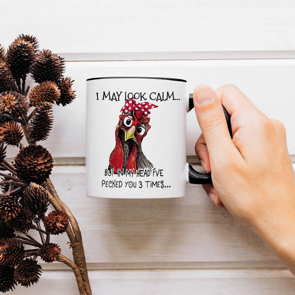 Fatbaby Funny Chicken Rooster Gift Mug for Farmer,Farmhouse Chicken Lover Mug for Women,I May Look Calm but in My Head I'Ve Pecked You 3 Times Ceramic Coffee Cup 11OZ image number 1