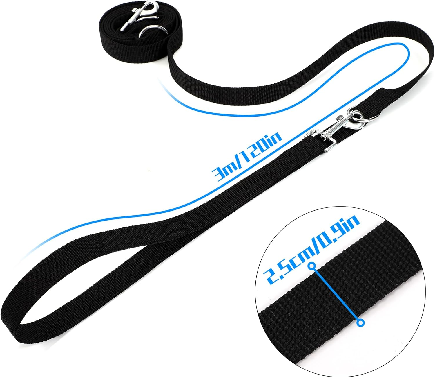 Dog Lead 3 Metres Adjustable with 2 Carabiners - Nylon Double Exercise Lead for Large, Medium, and Small Dogs - Black