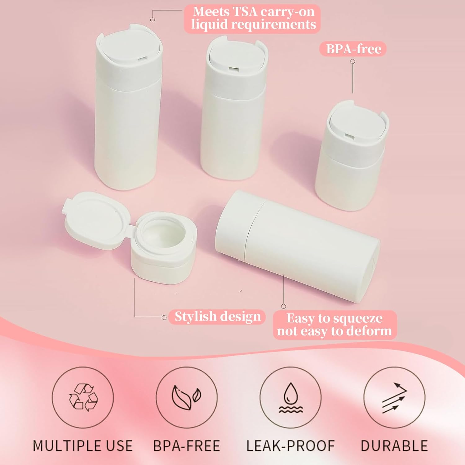 5 PCS Travel Cream Dispenser Bottles Set, TSA Approved Leak-Proof Toiletry Containers for Shampoo, Lotion, Cosmetics, Modern Portable Dispenser Bottles for Air Travel, Gym, Vacation (White)