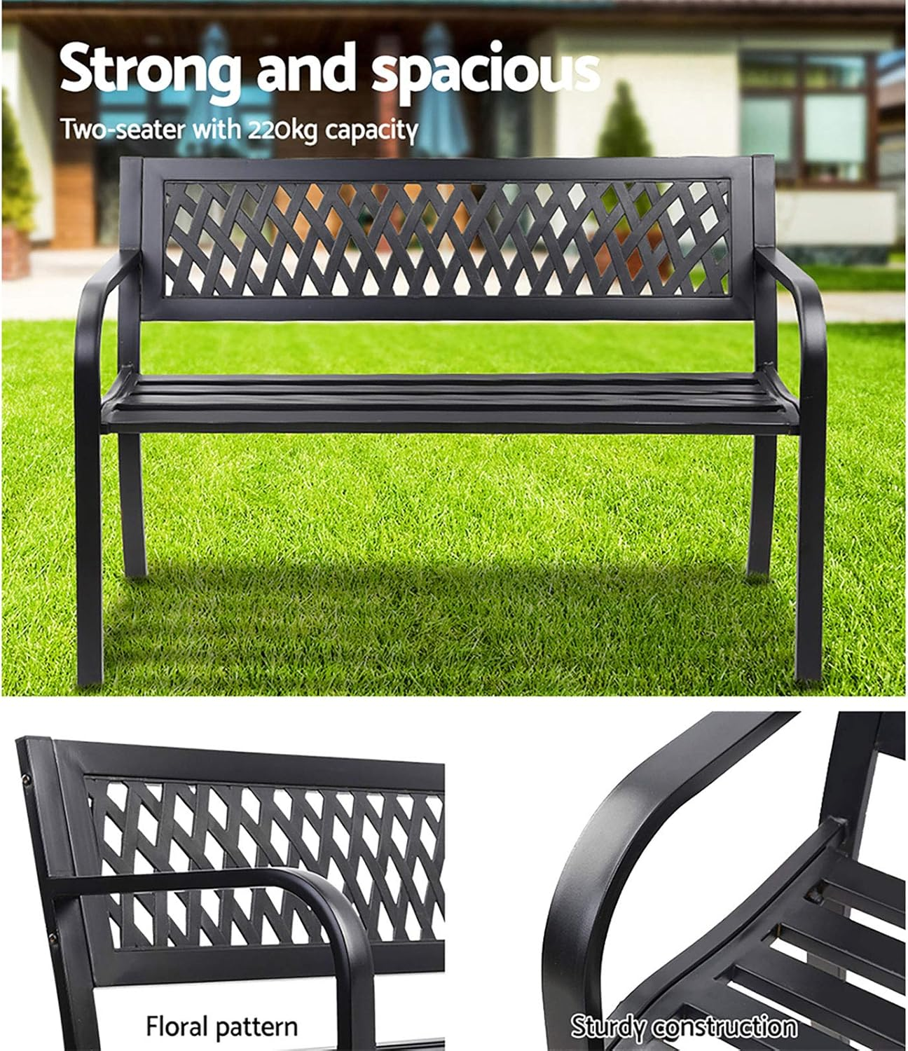 Gardeon Outdoor Garden Bench Seat, 119Cm Length Cast Iron Benches Relax Lounge Chair Dining Chairs Lounger Park Patio Porch Backyard Terrace Balcony Kids Furniture, 2 Seater Water-Repellent Black image number 2