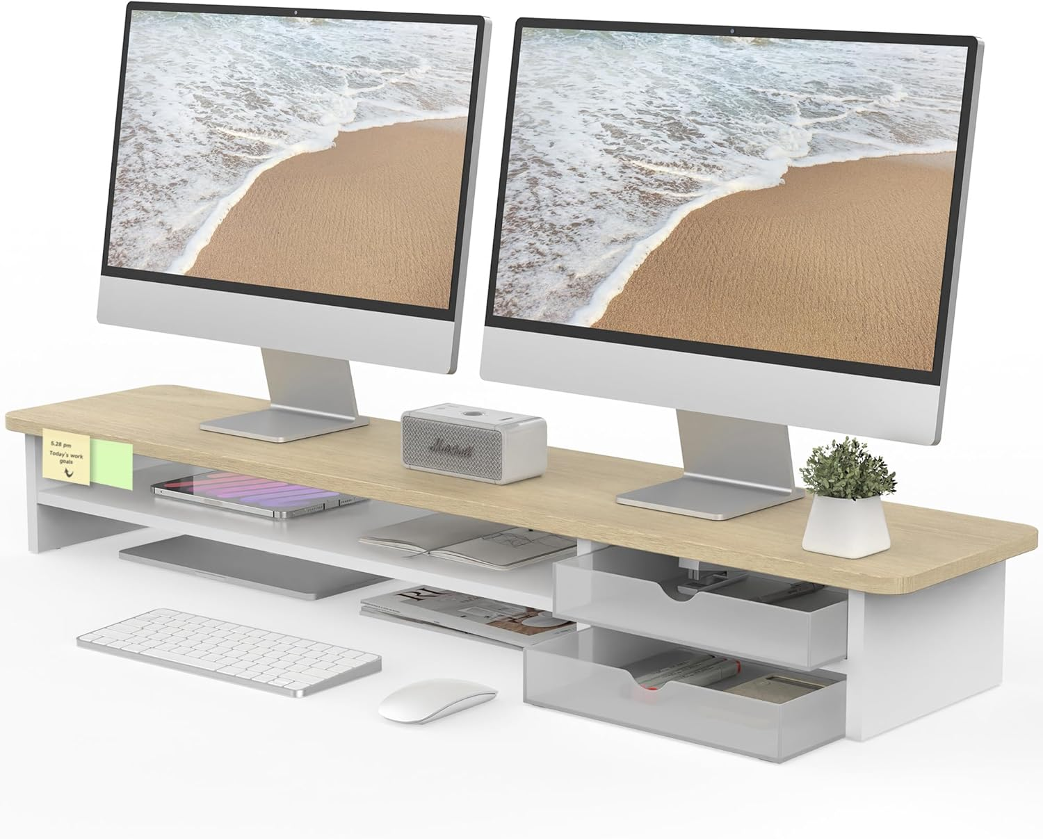 Fenge Dual Monitor Stand Riser with Drawers,2 Tier Wood & Acrylic Desktop Organizer for Computer, Laptop, Printer, TV Screen Riser,Oak image number 3