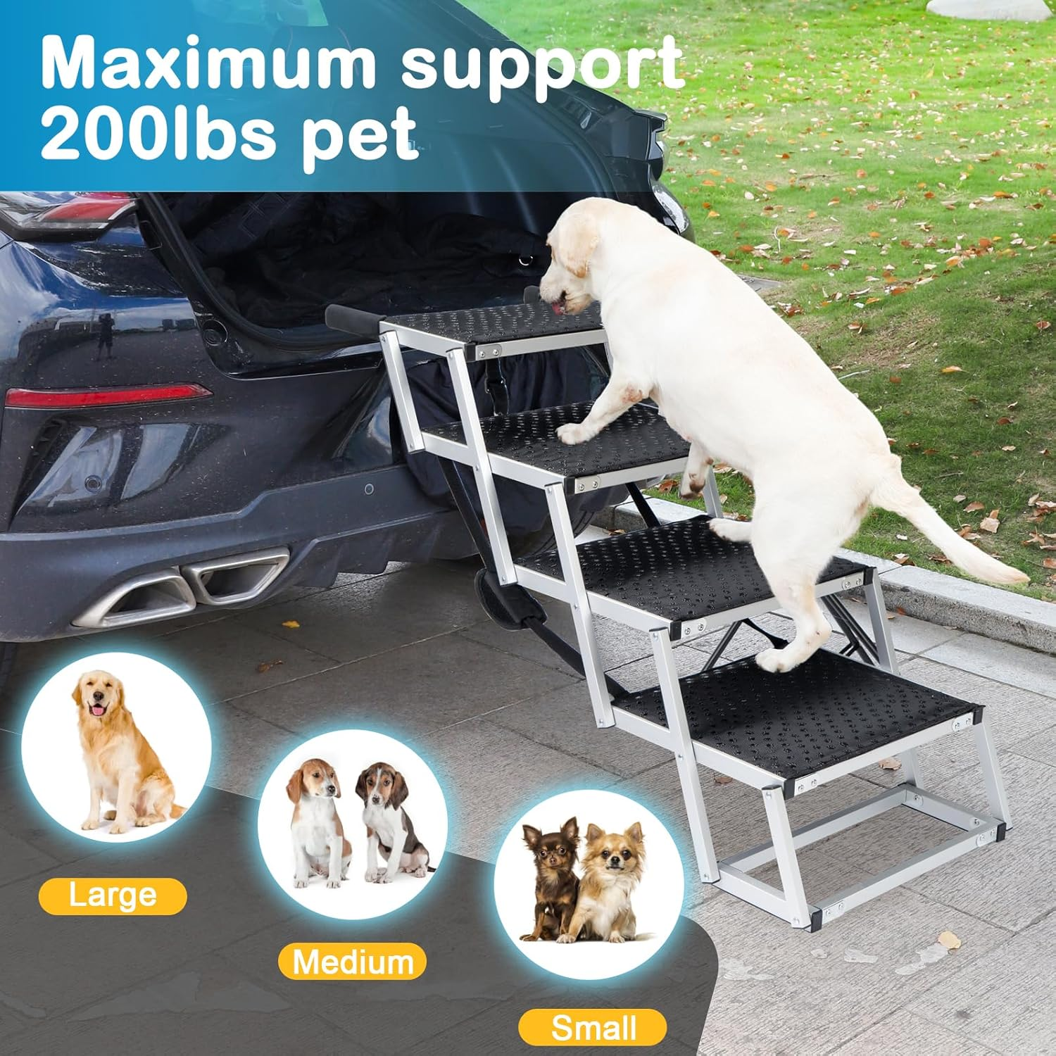 Uross Dog Stairs for Car 4 Steps - Aluminum Dog Ramp Step Stairs for Car and Small SUV, Large Dogs,Telescoping Dog Pet Step Stairs Ladder for Truck, Supports up to 90.7KG image number 1