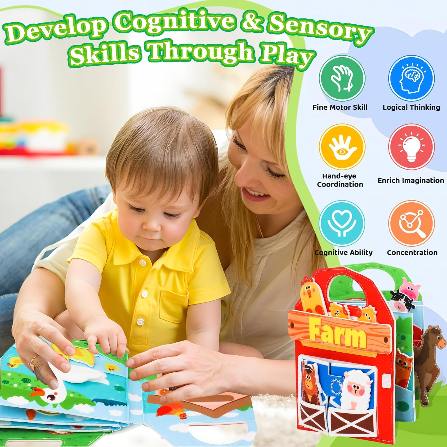 ZCOINS Farm Animal Busy Book Toys for Toddlers Travel Airplane, Montessori Quiet Busy Board Activity Book Toys for Toddler Baby Birthday Gifts, Educational Sensory Learning Felt Busy Board for Travel image number 5