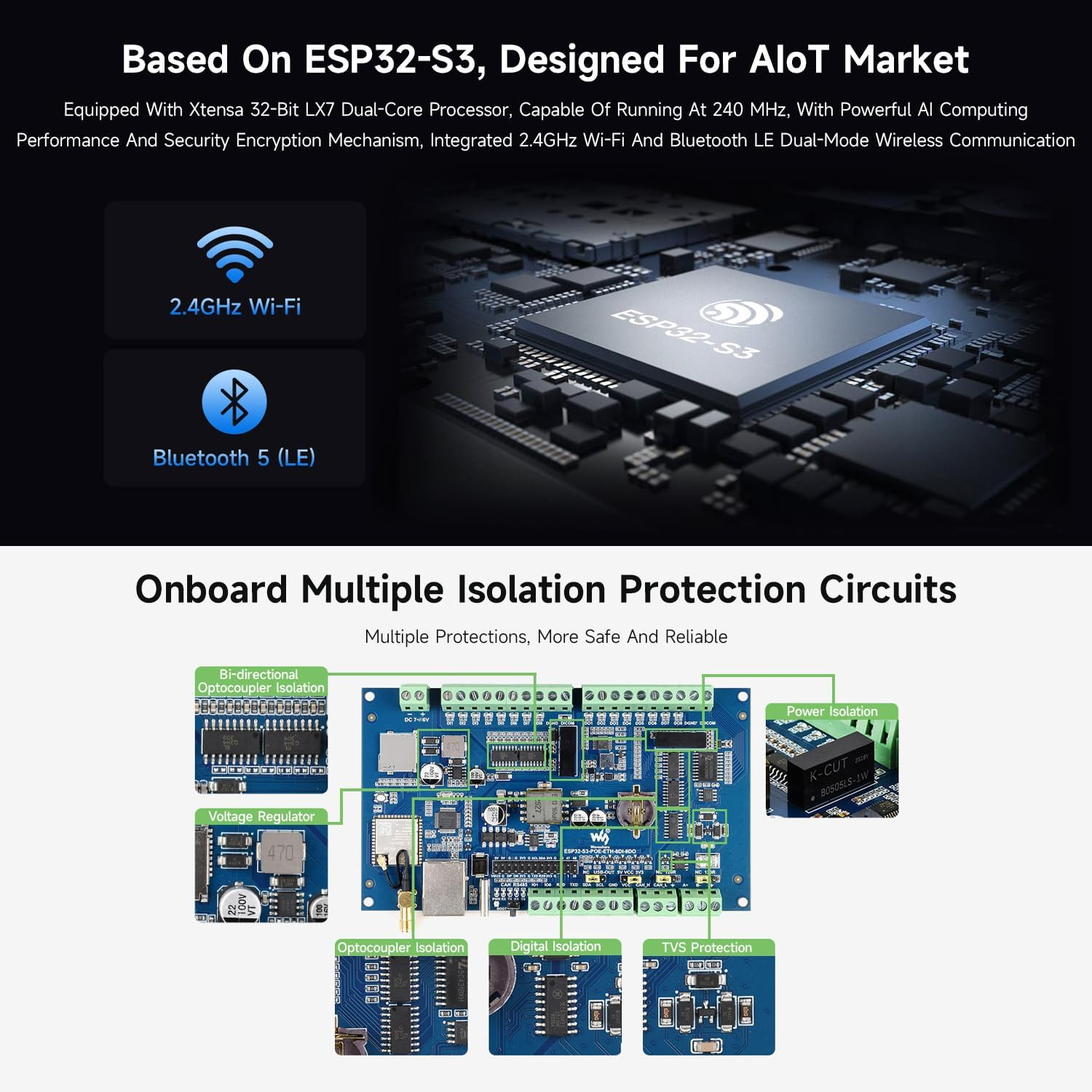 Waveshare Industrial ESP32-S3 Control Board with 8-Channel Digital Input & Output, Built-In Xtensa 32-Bit LX7 Dual-Core Processor, up to 240Mhz, with Multiple Isolation Protection Circuits image number 2