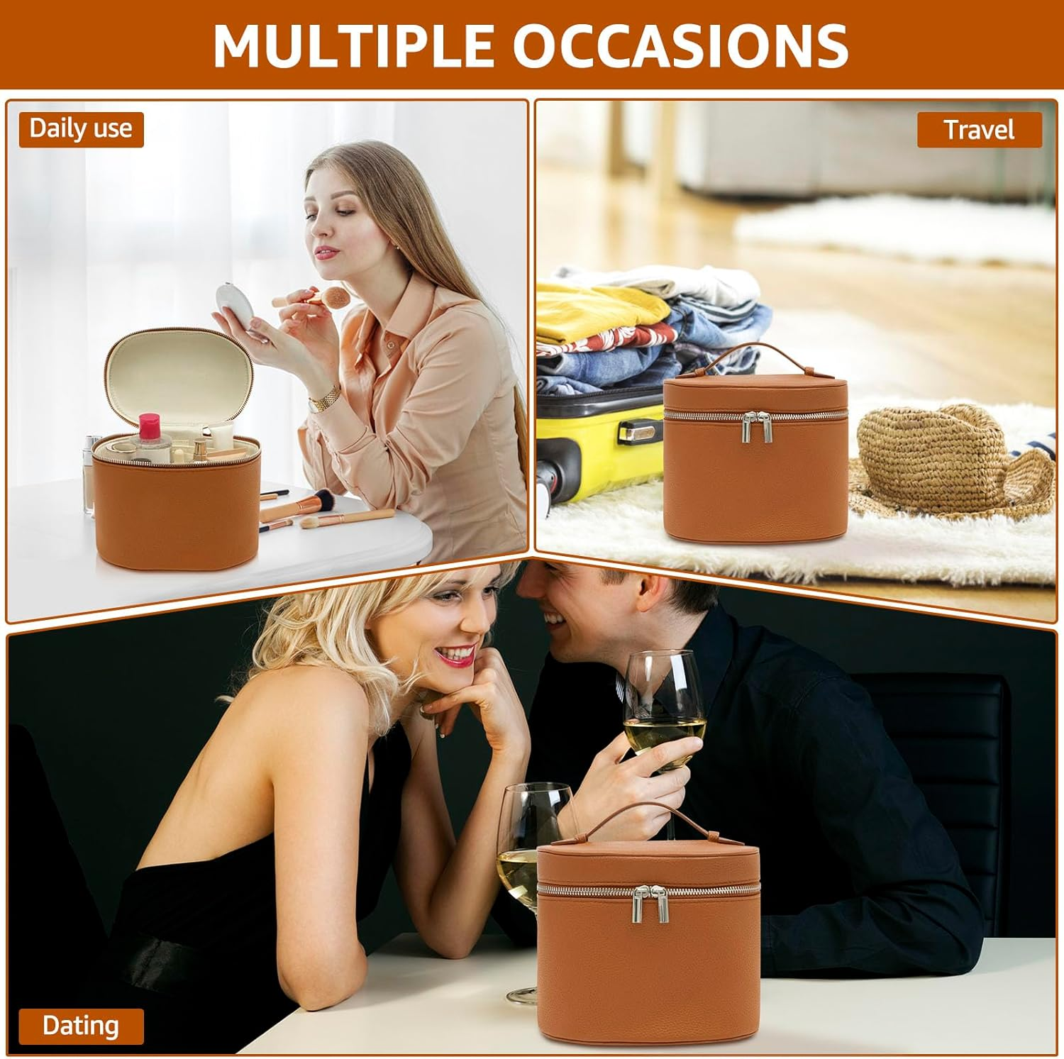 NIPUAEGO Vanity Case Makeup Bag, Smooth Zipper Design Portable Cosmetic Leather Make up Case with Handle for Shopping Travel Date Party 20.5&times;14&times;16Cm