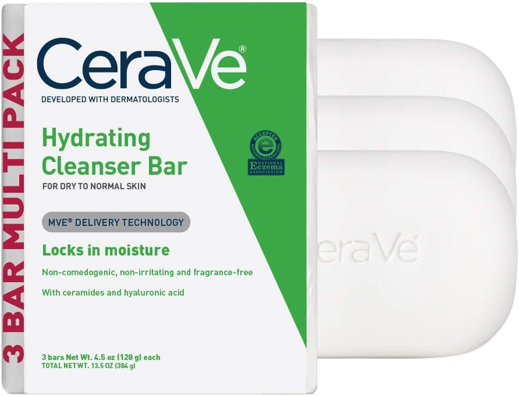 Cerave Hydrating Cleanser Bar | Soap-Free Body and Facial Cleanser with 5% Moisturizing Cream | Fragrance-Free |3-Pack, 4.5 Ounce Each image number 2