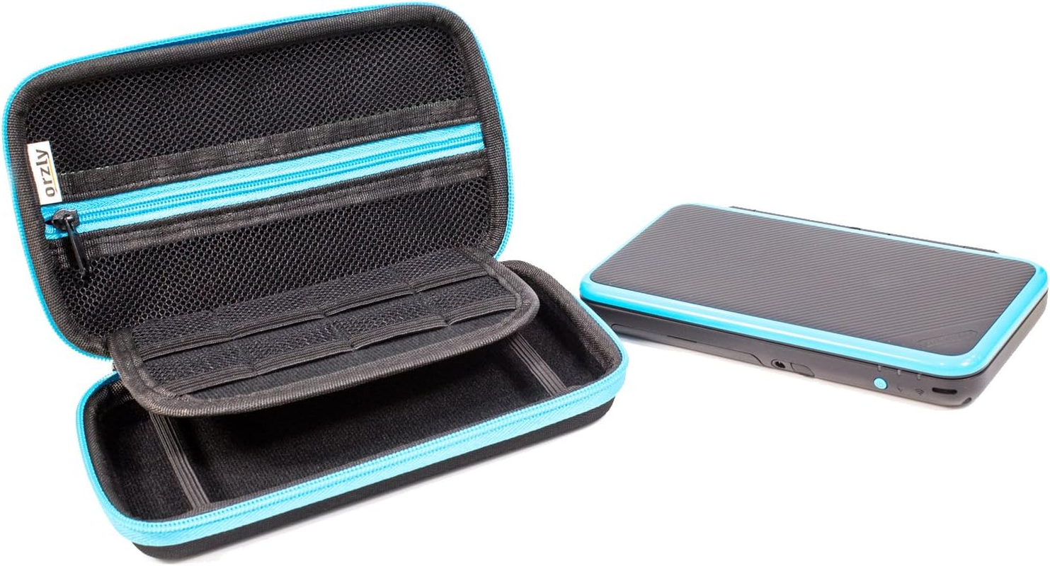 2DS XL Case, Orzly Carry Case for New Nintendo 2DS XL - Protective Hard Shell Portable Travel Case Pouch for New 2DS XL Console with Slots for Games & Zip Pocket - Blue on Black