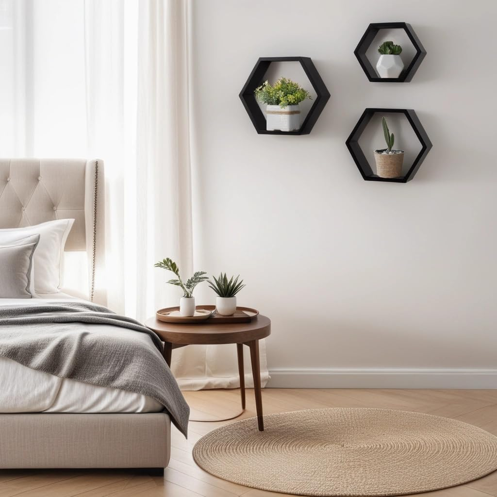 Floating Shelves, XICEN 3 Set Wood Hexagon for Wall Decor, Farmhouse Honeycomb Shelves for Living Room Decor, Bedroom, Living Room, Bathroom, Durable, Stylish & Versatile (Black) image number 6