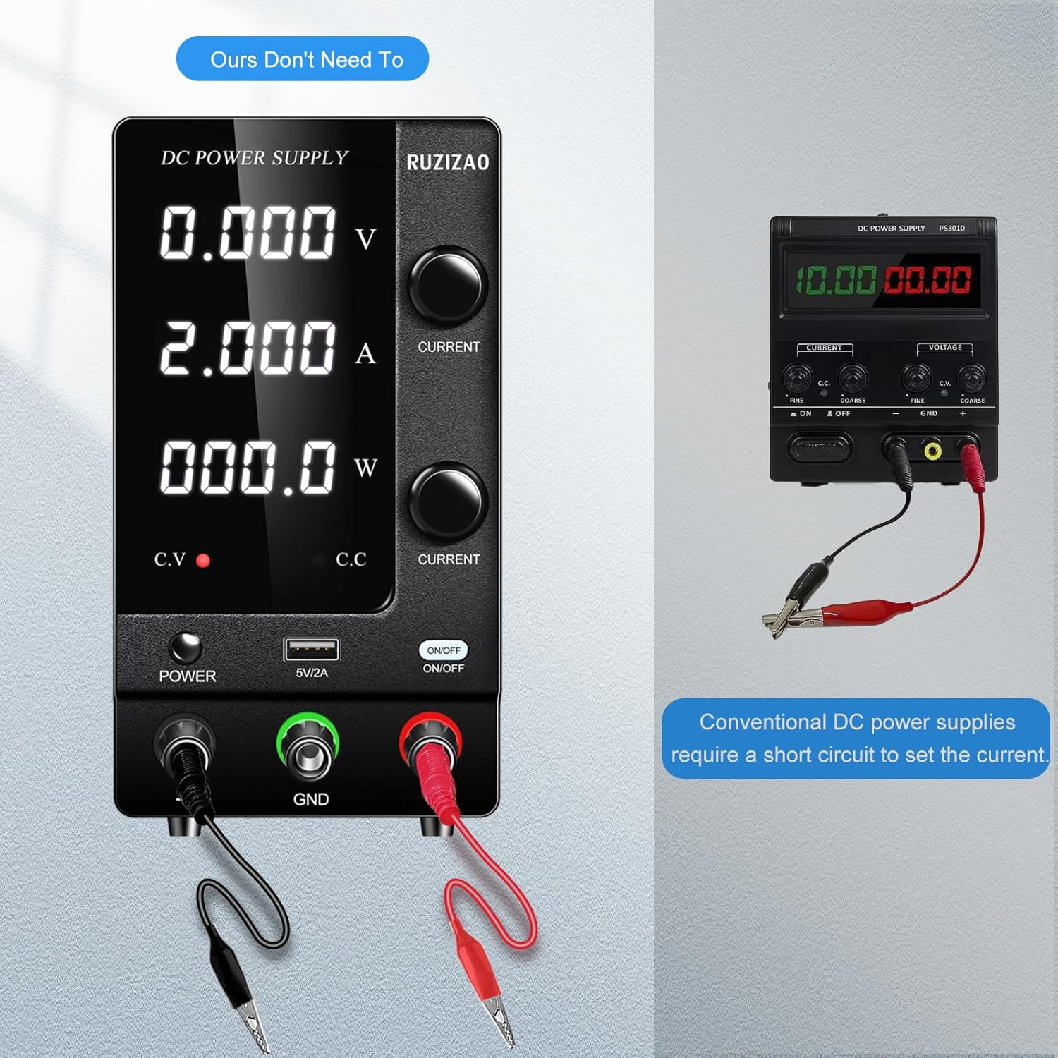 RUZIZAO DC Power Supply Variable, 30V 10A Adjustable Switching Regulated with Encoder Adjustments Knob, Lab Bench Output Button 5V/2A USB Interface Battery Charger (AC 240V) image number 6