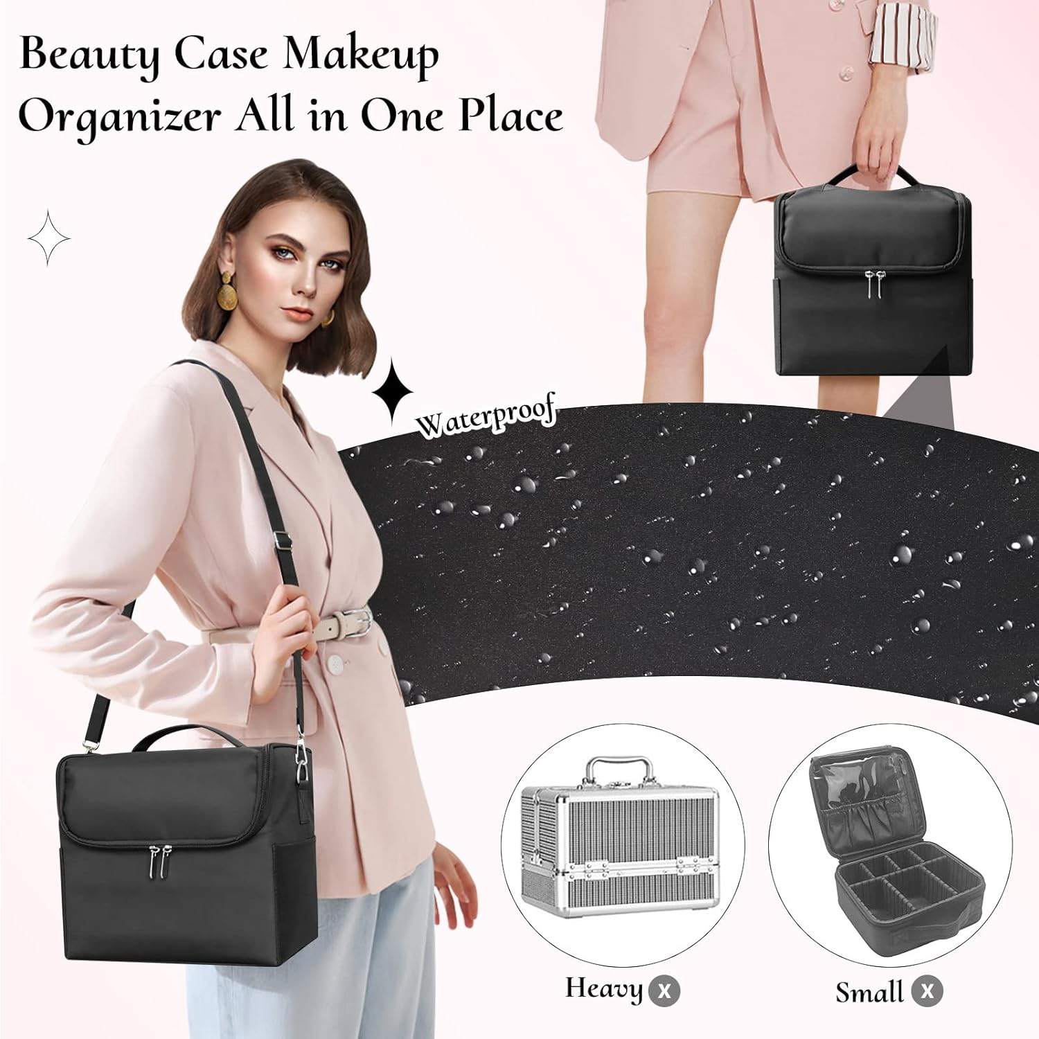 Feibrand Makeup Organiser Box Vanity Cases: Professional Cosmetic Boxes - Large Travel Make up Bag Storage Nail Art Kit Beauty Cases - Black Cosmetics Bags Organizer Set for Girls & Women image number 2