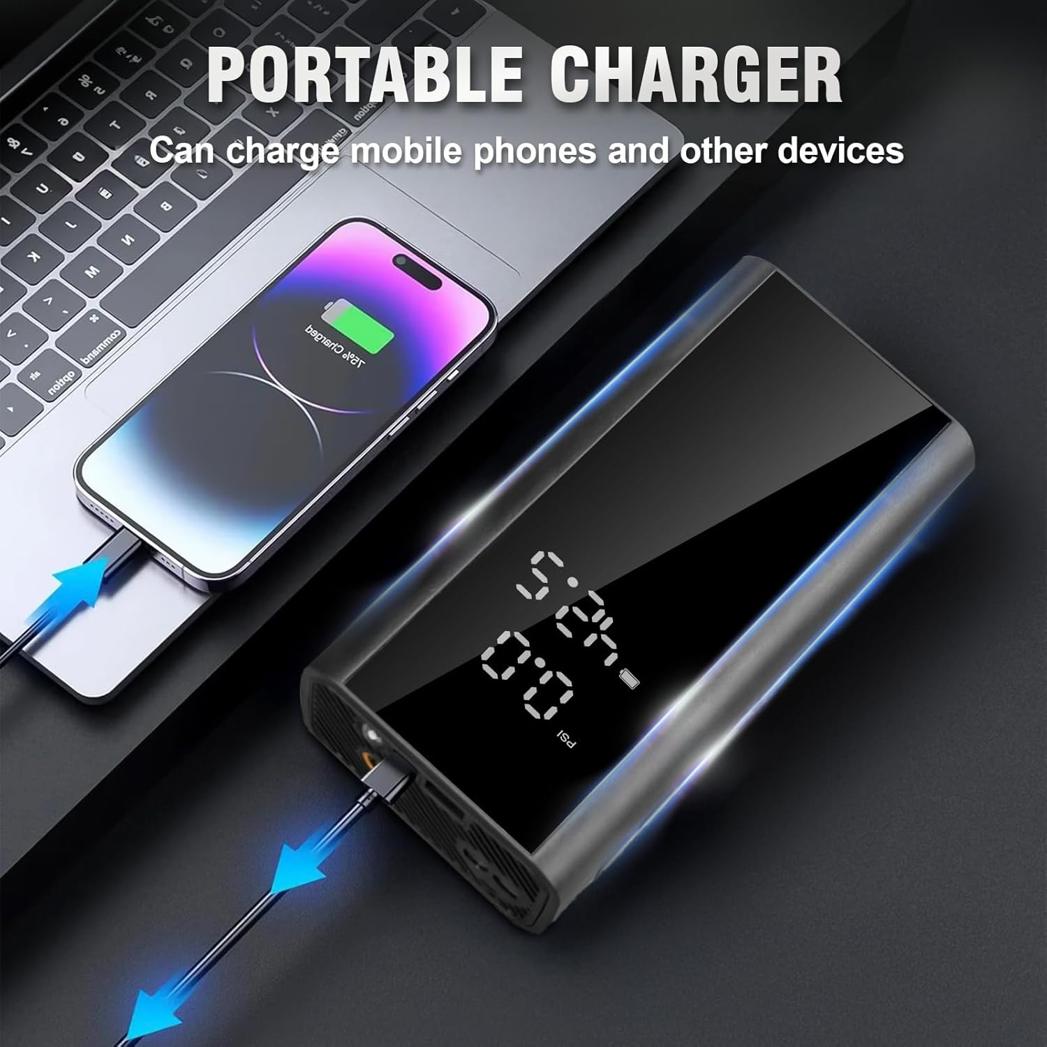 Velomira 1000A Car Battery Jump Starter with 150PSI Air Compressor, 10000 Mah Battery, 12V Car Gasoline - 5 L/Diesel - 2 L Emergency Starter, Emergency Flashlight, Smart Safety Clamp. image number 2