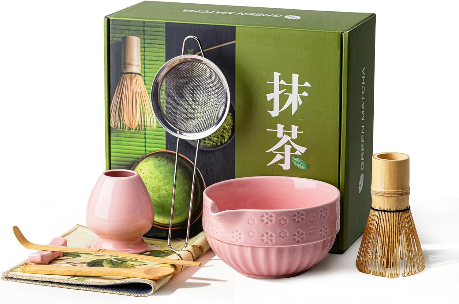 Matcha Tea Set &ndash; 8 Pcs Japanese Matcha Ceremony Kit with Matcha Bowl with Spout, Whisk (Chasen), Scoop (Chashaku),Spoon, Sifter, Tea Cloth (Chakin), Chasen Holder, Ceramic Stand for Scoop