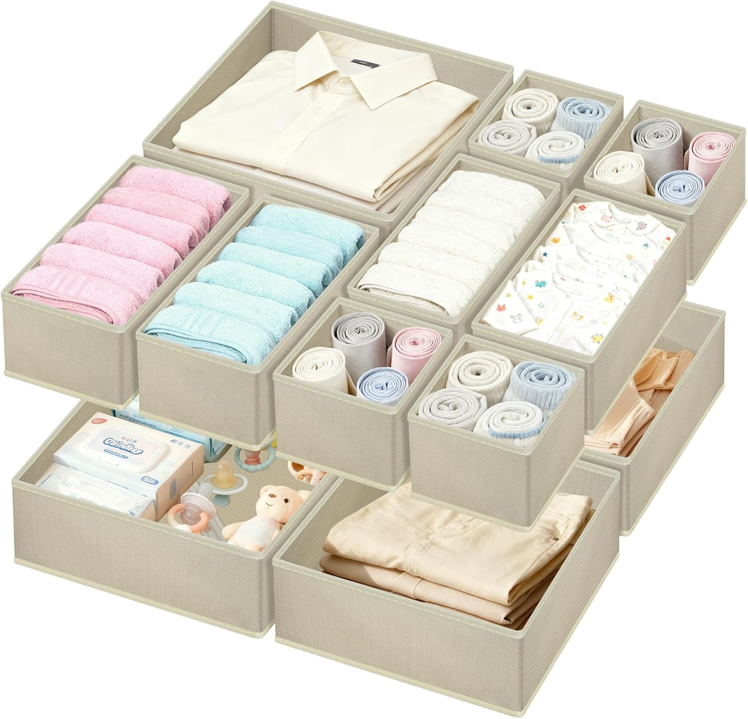 12 Pack Clothes Drawer Organiser, Foldable Drawer Organizers for Clothing, Stackable Storage Bins for Socks Bra Towels Ties (Grey)