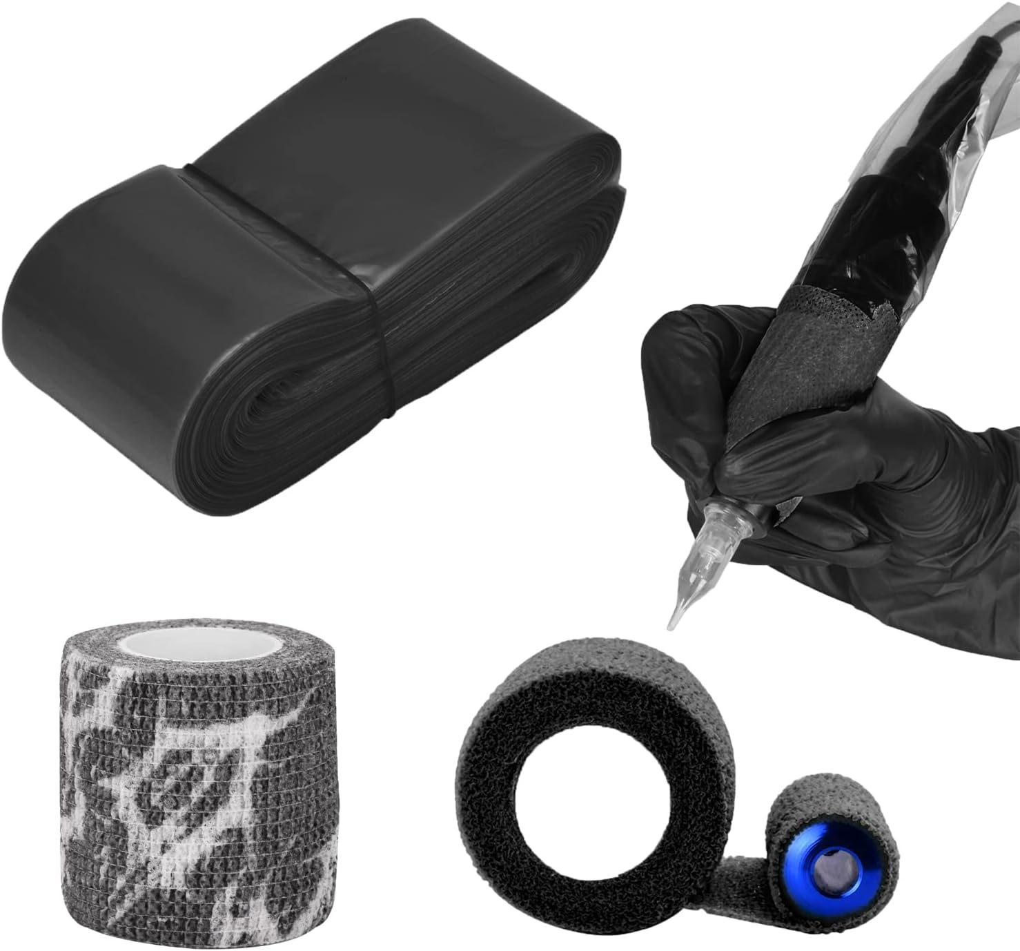 ATOMUS 100Pcs Tattoo Clip Cord Sleeves with 2Pcs Self-Adhesive Bandage Disposable Plastic Cover Bags Tattoo Pen Bag Tattoo Machine Accessories (Black)