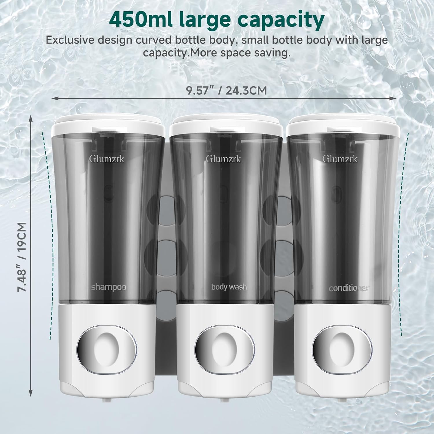 Shower Soap Dispenser Wall Mounted No Drill Shampoo Conditioner Body Wash Dispensers 15Oz/450Ml X 3 Chamber Shower Dispenser Bottles with Upgrade Pump Head Refillable Bathroom Soap Dispenser Set White - Black 3 image number 2