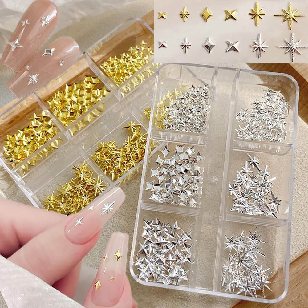 Star Cross Nail Charms - Y2K Nail Star Charms Art - 2 Boxes Silver and Gold Cross Nail Art - Metal Nail Decoration Set - Star Nail Plugs image number 4