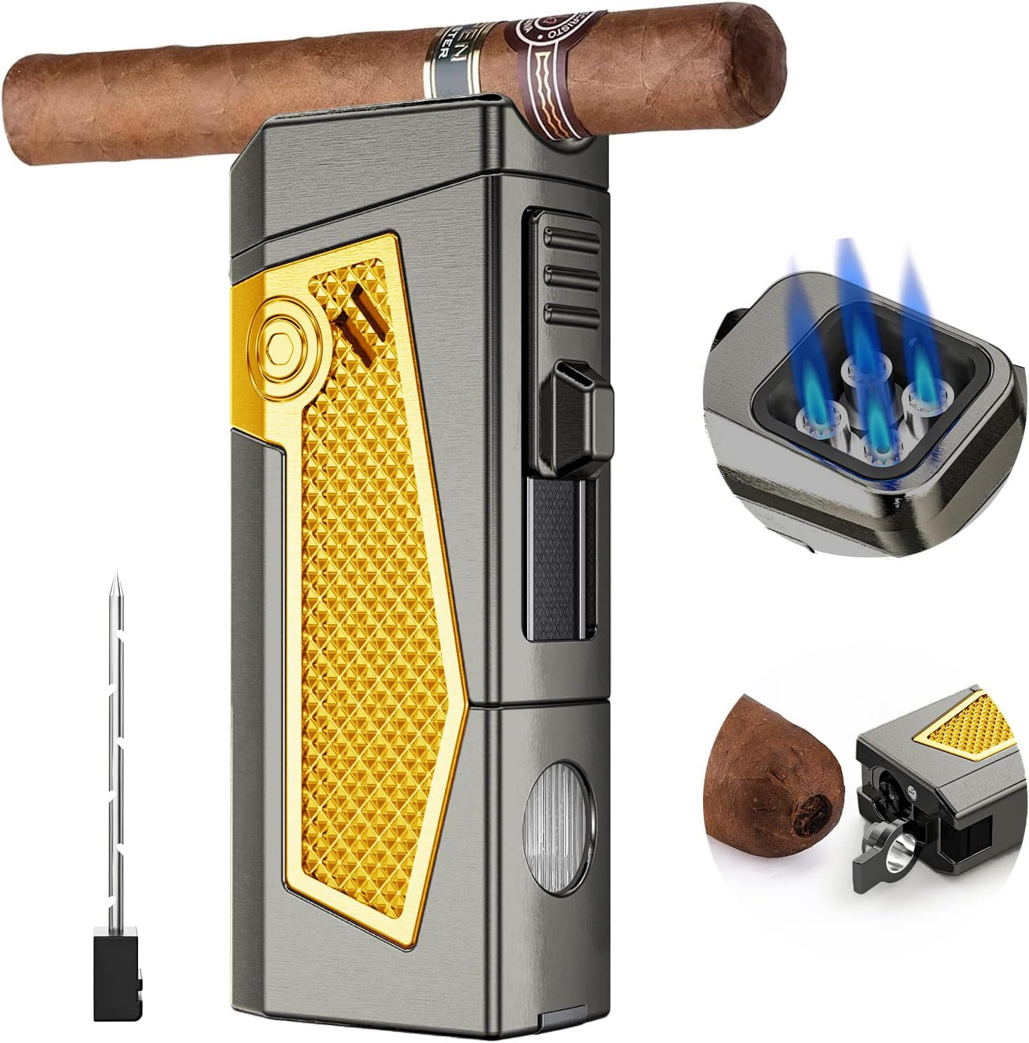 Gifts for Men, Cigar Lighter 4 Torch Jet Flame, Cigar Punch, Cigar Holder, Cigar Draw Enhancer, Refillable Torch Lighter, Multi-Functional Cigar Accessories, Windproof Lighters with Gift Box image number 1