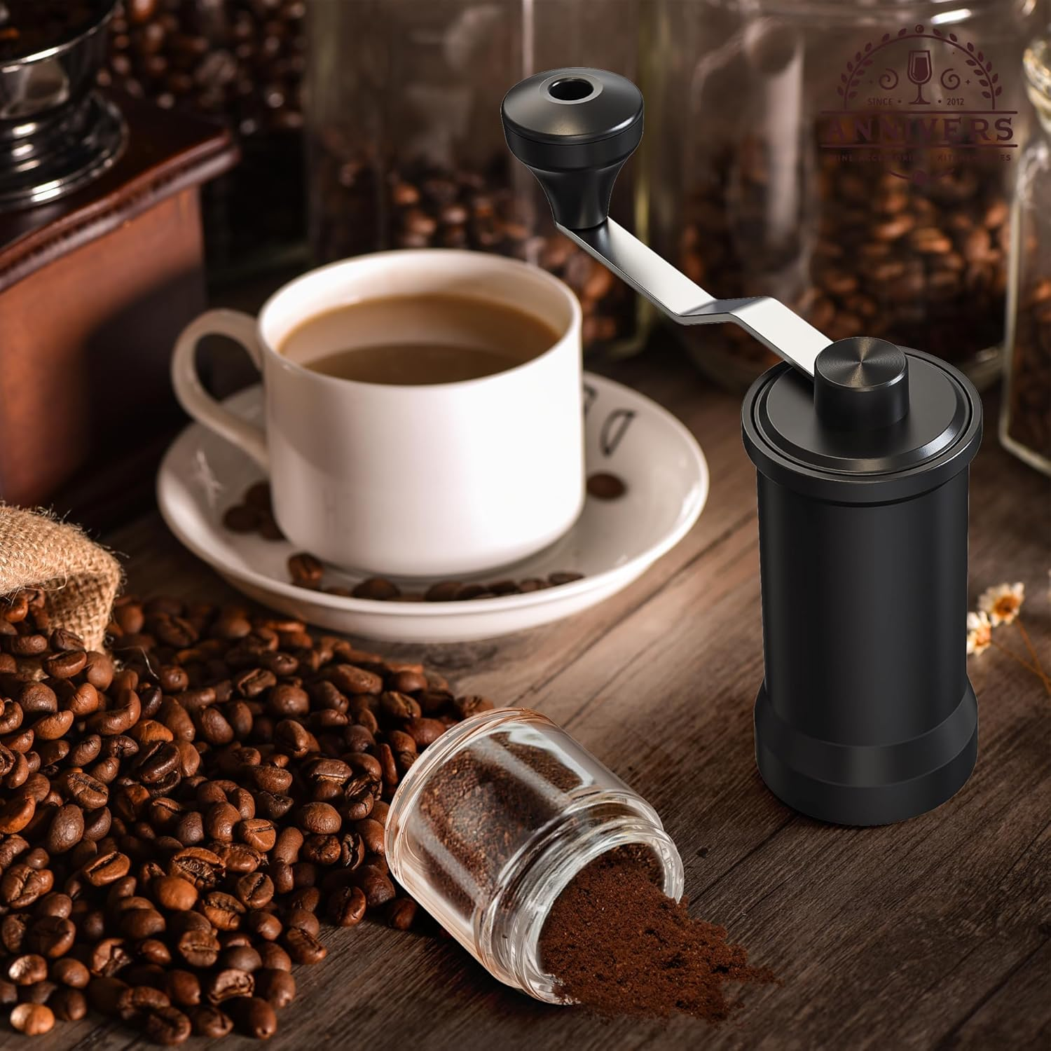 ANNIVERS Manual Coffee Grinder Hand Coffee Bean Grinder Burr Grinder, Adjustable Coarseness Ceramic Burr Glass Jar Stainless Steel Crank Brush, for Espresso French Press Drip, Moulin &Agrave; Caf&eacute; Manuel image number 4