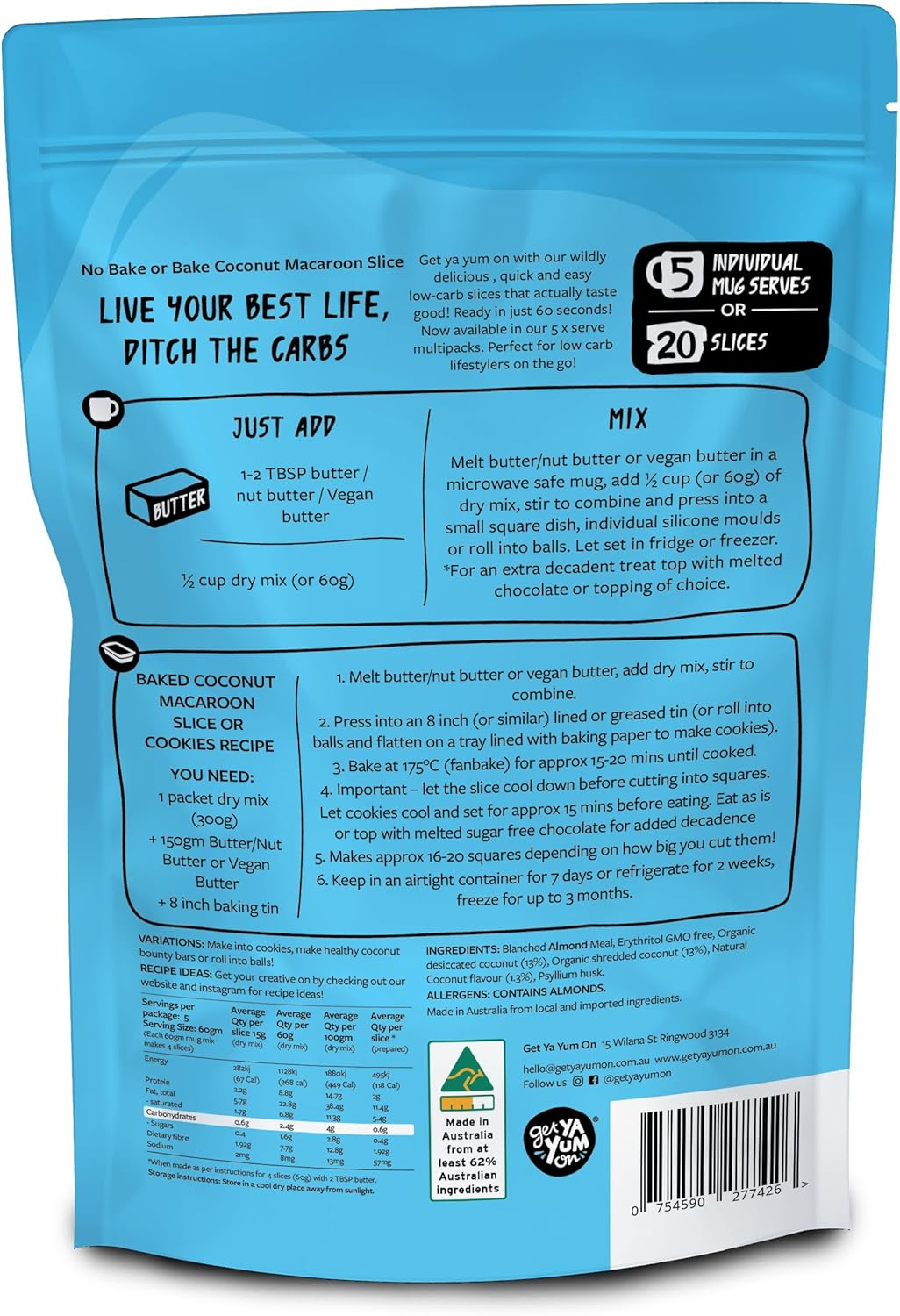 Get Ya Yum on 60 Second Coconut Macaroon Slice NO BAKE or BAKE 300G: NO SUGAR ADDED, LOW CARB, GLUTEN FREE, 1G CARB per SLICE, PLANT BASED, VEGAN FRIENDLY, MAKES 20 SLICES image number 5