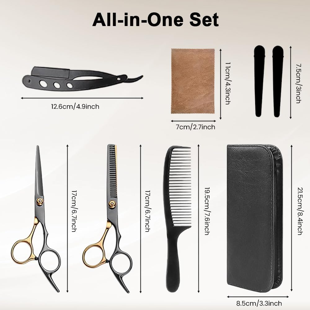 9 PCS Hair Cutting Scissors Kit,Barber Scissors with Black Gold Finish,Stainless Steel Hair Cutting Shears Set in Leather Case for Women Men Pet,Barber Salon and Home