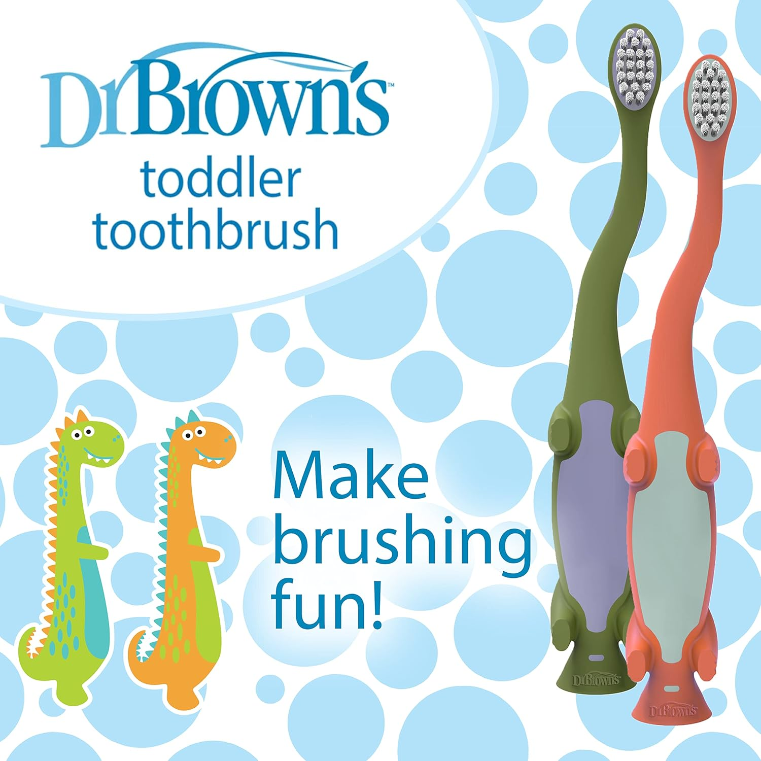 Dr. Brown'S Baby and Toddler Toothbrush, Green and Orange Dinosaur 2-Pack, 1-4 Years