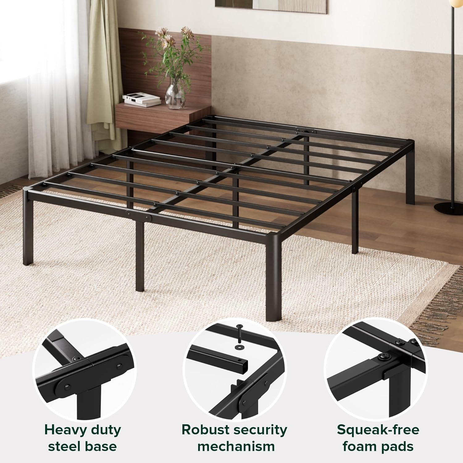 Zinus Van Queen Bed Frame 40Cm Metal Bed Base | Steel Slat Mattress Support | Bedroom Furniture, Black image number 3