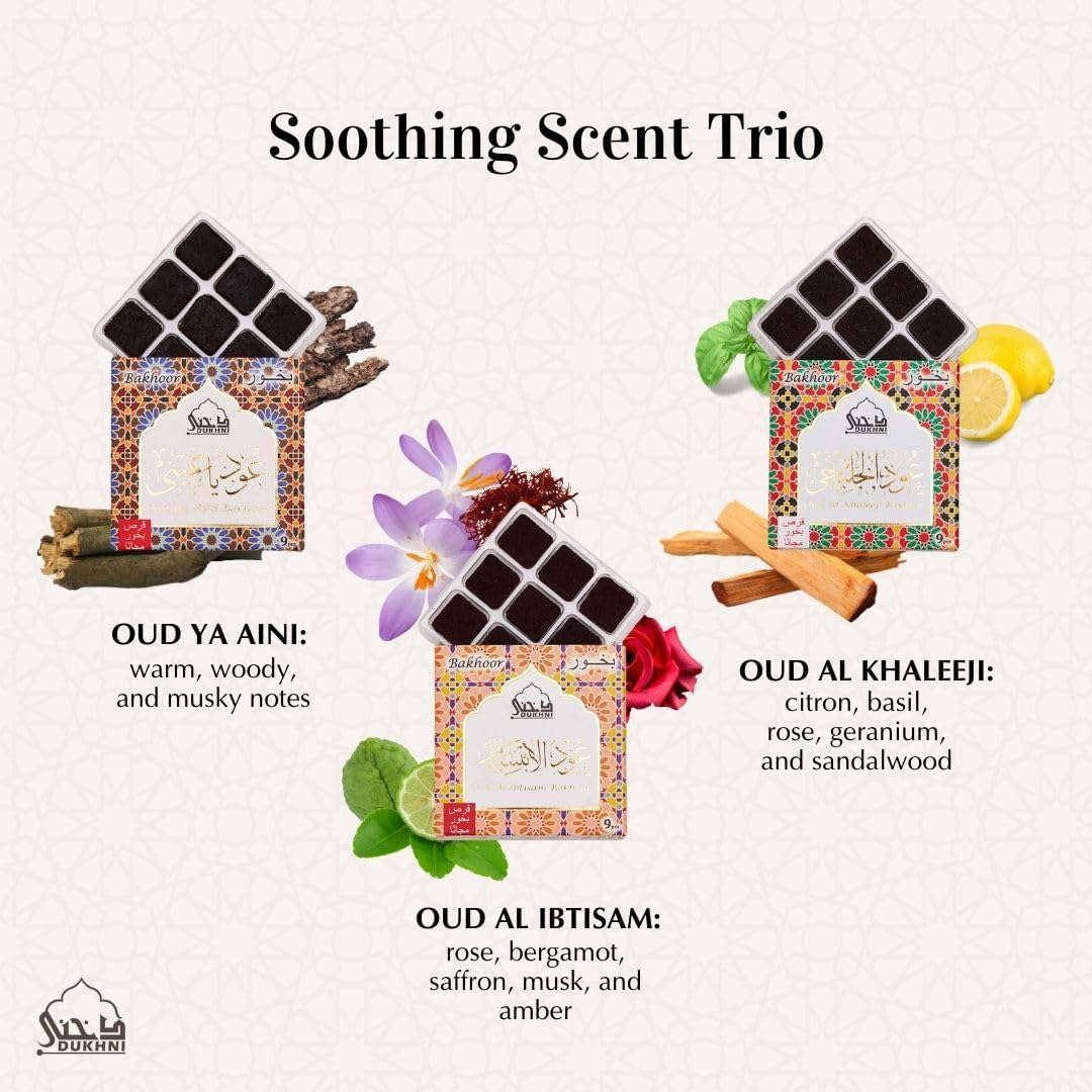 Oud Ya Aini, Oud Al Khaleeji, Oud Al Ibtisam Bakhoor Set عود بخور و مبخرشمعدان by Dukhni | 3 X 9 Piece Each & Tree Bakhoor Burner | Arabic Bakhoor Incense | Great Gift & Decor for Ramadan Eid Hampers image number 5