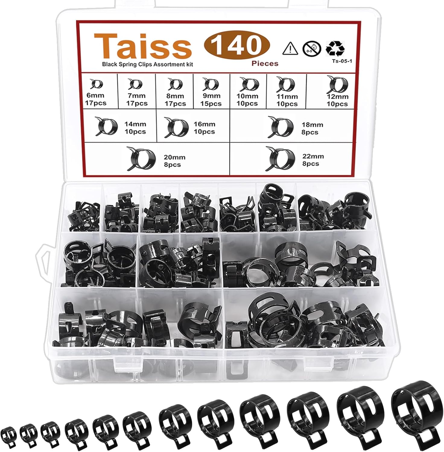 Taiss 160PCS 6-17Mm Spring Band Type Hose Pipe Clamp Assortment Kit.Low Pressure Air Clip Clamp for Hose Fuel Silicone Vacuum Sleeving Hose Clamp (6Mm 7Mm 9Mm 10Mm 11Mm 14Mm 16Mm 17Mm)