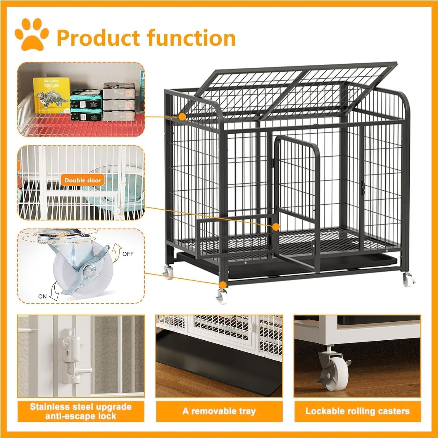 LIODUX Metal Dog Cage, Heavy Duty Dogs Crate for House, Indoor Dog Kennel Enclosure for Small/Medium/Large Dogs, Double Doors, Locks, Removable Tray, Lockable Wheels Pet Cage (Black, Small) image number 5