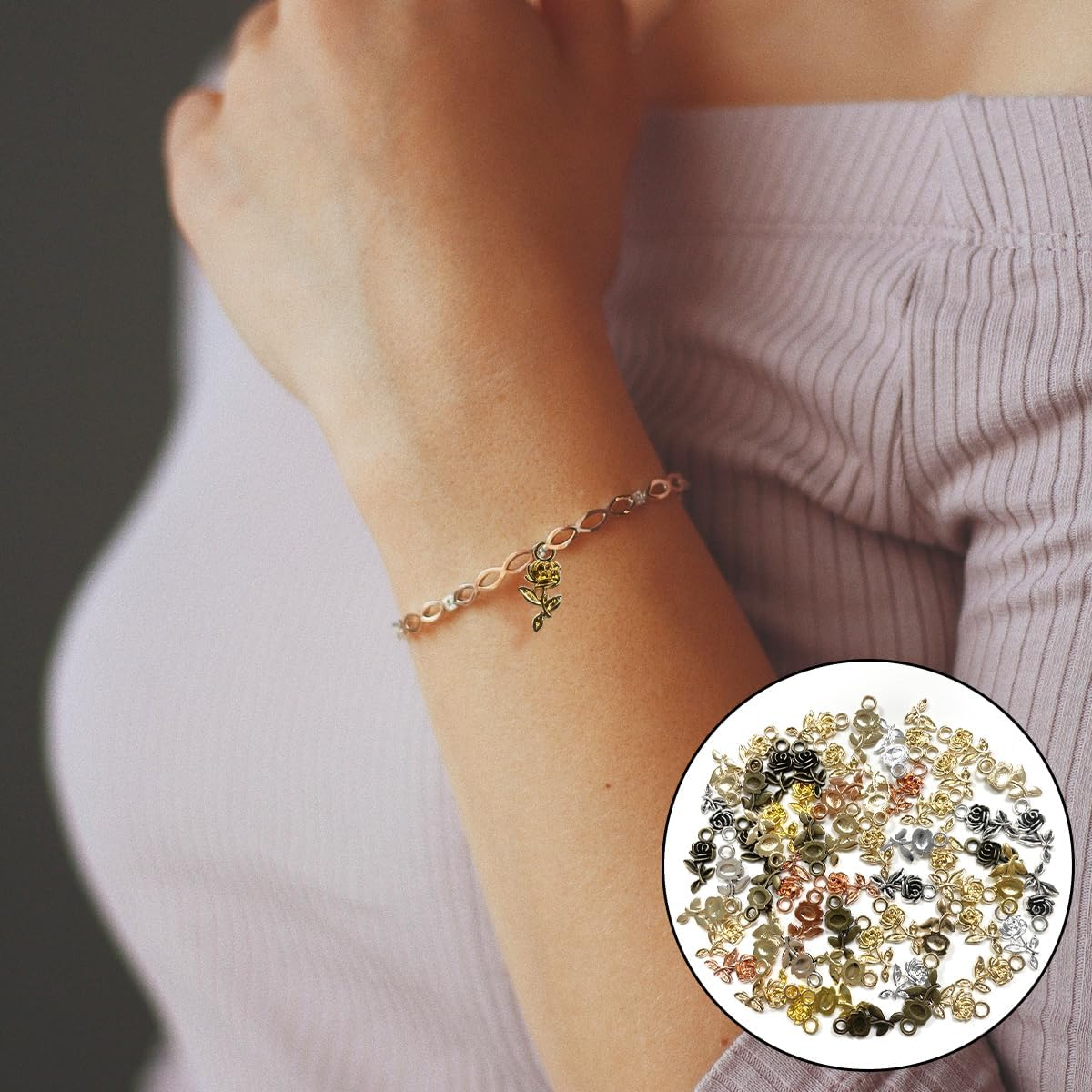 BEZANU Vintage Rose Charms, 60 PCS Retro Alloy Rose Pendant for DIY Jewelry Making, Art Craft, Handmaking (6 Colors) image number 6