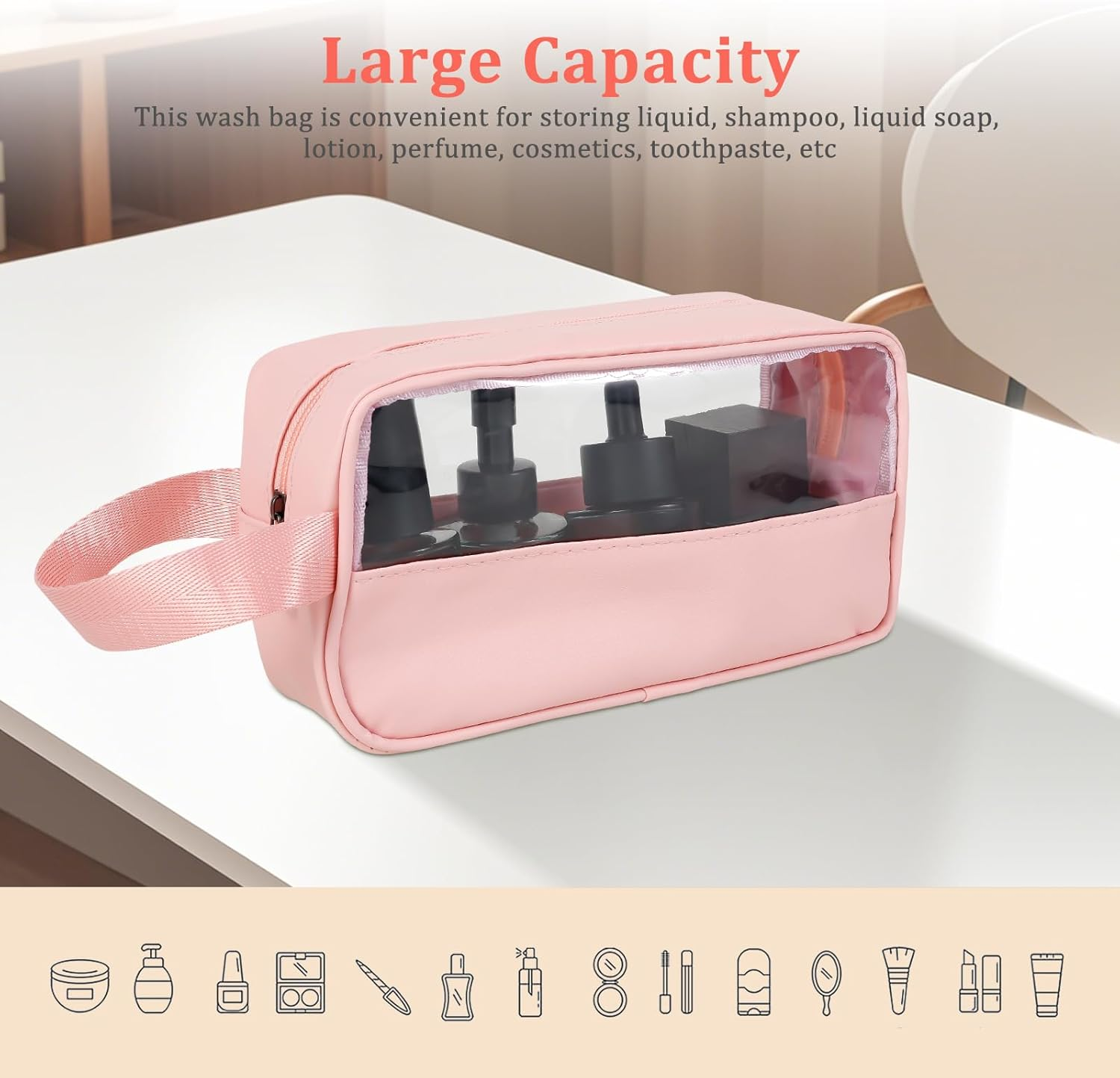 Makeup Bag, PVC Clear Toiletry Wash Bag, Waterproof Transparent Cosmetic Bags, Large Capacity Clear Makeup Organizer, Side Carry Handle, Multifunctional Portable Wash Pouch, for Travel (Pink) image number 5