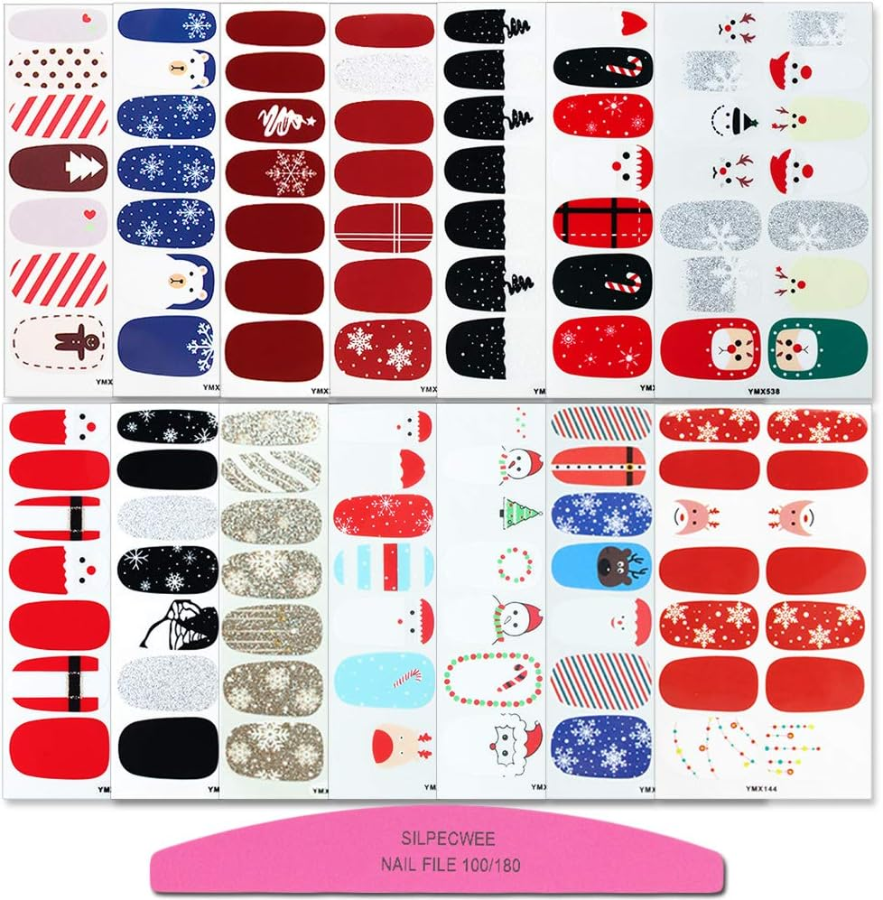 SILPECWEE 14 Sheets Christmas Adhesive Nail Polish Stickers Strips and 1Pc Nail File Holiday Nail Wraps Decals Manicure Accessories image number 5