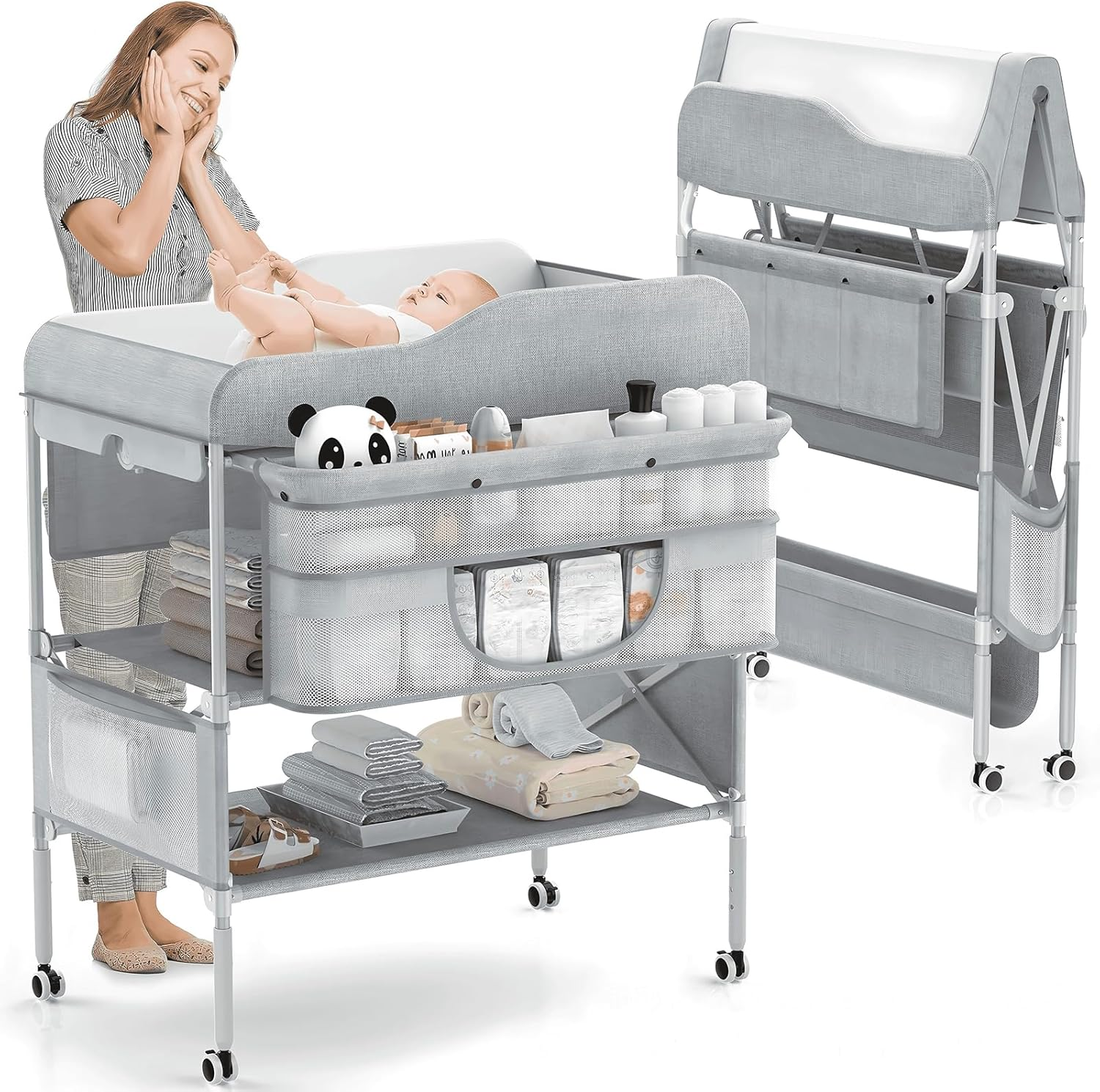 Portable Baby Changing Table,Foldable Changing Table Dresser Baby Changing Station with 2 Basket for Essentials, 3 Position Height Adjustable for Infant Newborn image number 1