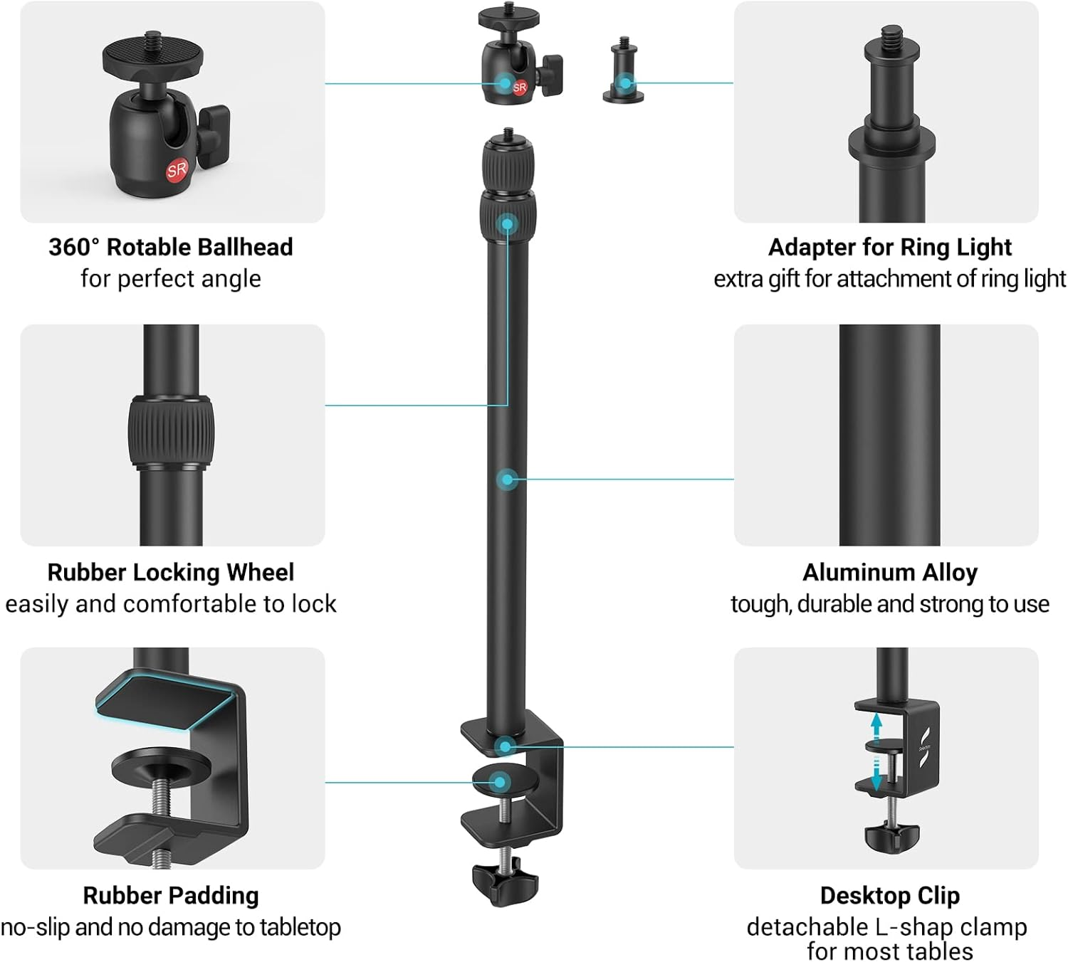 Camera Desk Mount Table Stand with 1/4" Ball Head, 48.5Cm-100Cm Adjustable Light Stand, Tabletop C Clamp for DSLR Camera, Ring Light, Live Streaming, Photo Video Shooting (1 PC)